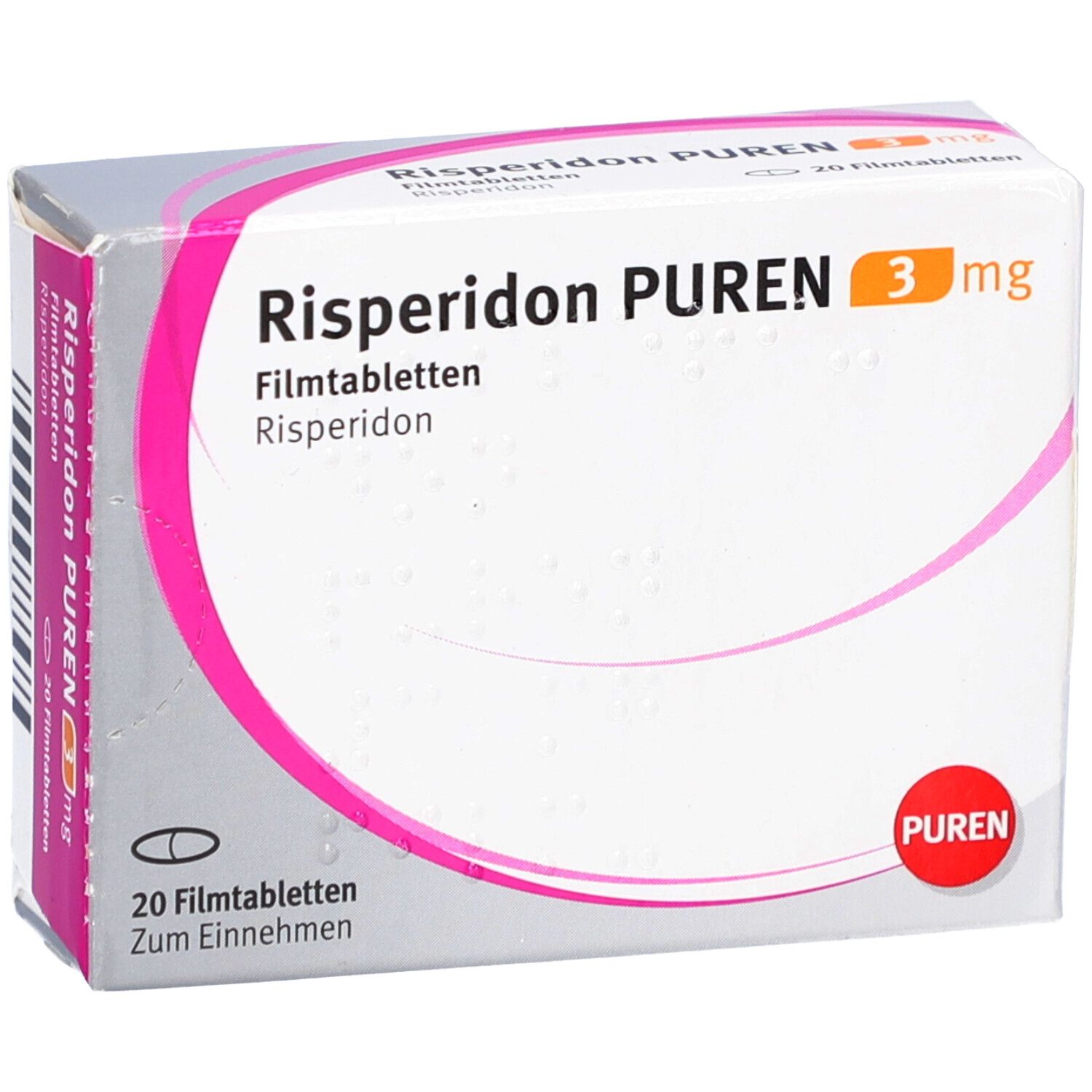 Schachtel Risperidon PUREN 3 mg. Rosa-weiße Verpackung mit Produktnamen und Dosierung. 20 Filmtabletten.