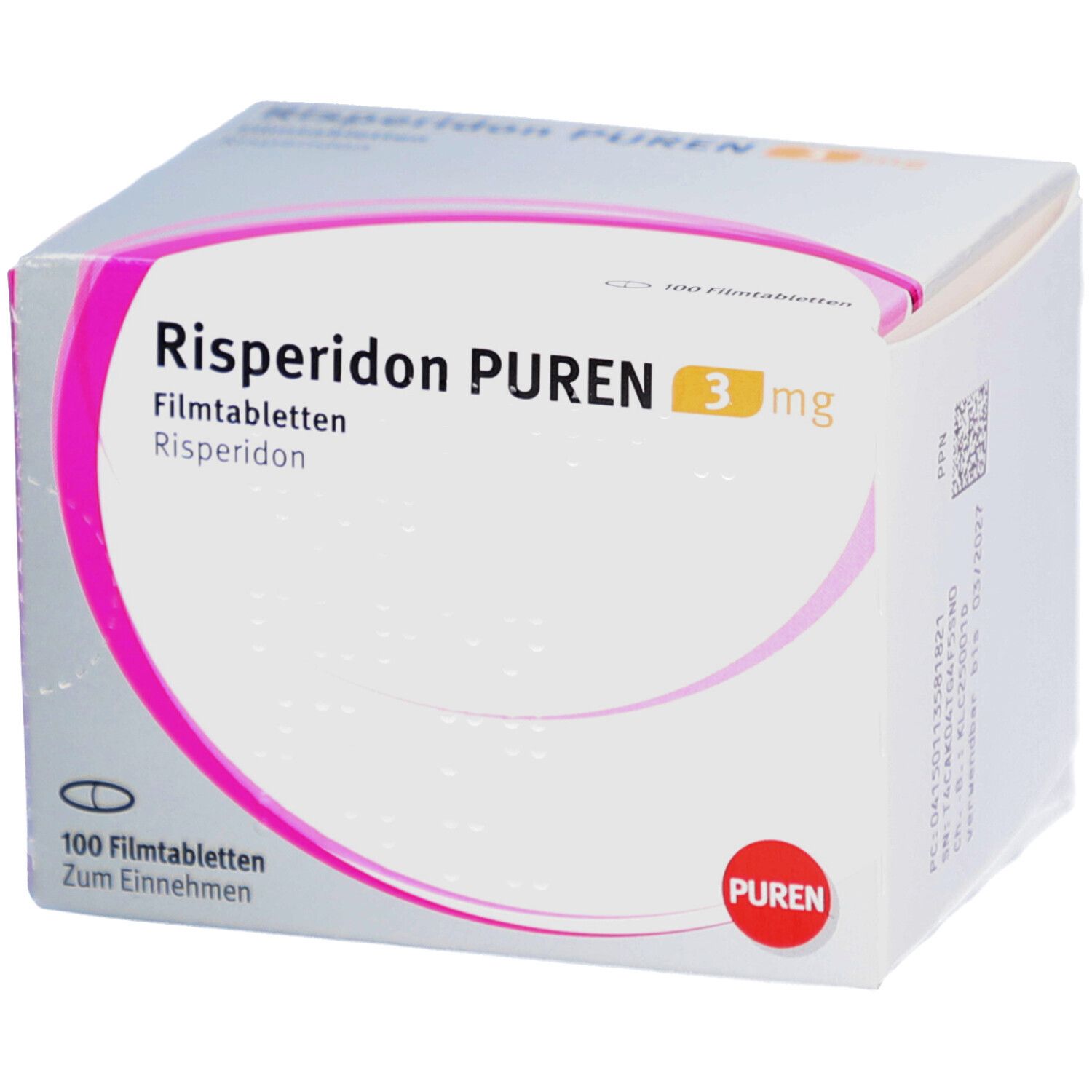 Risperidon PUREN 3 mg Filmtabletten-Packung. Weiße Schachtel mit rosa Akzenten. Aufschrift: Risperidon PUREN, 3 mg, 100 Filmtabletten.