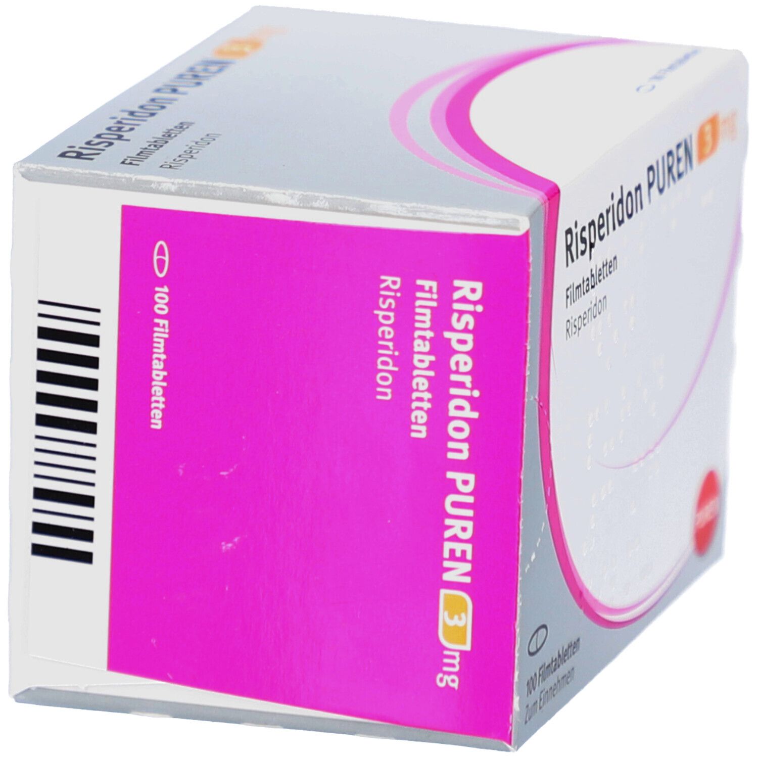 Risperidon PUREN 3 mg Packung, schräg. Weiße Schachtel mit rosa Akzenten. Aufschrift: Risperidon PUREN, 3 mg, 100 Filmtabletten.