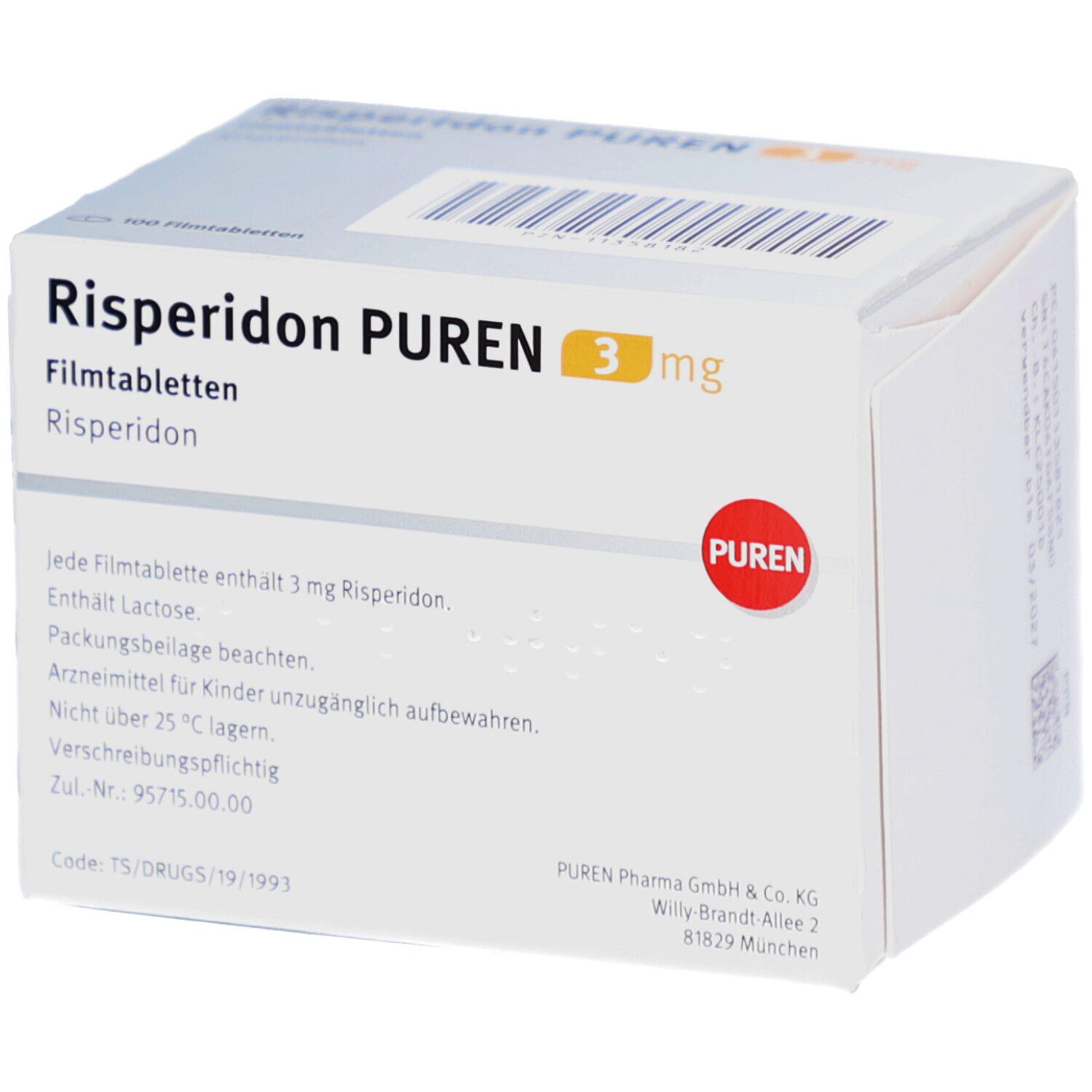 Risperidon PUREN 3 mg Packung. Weiße Schachtel mit Text. Aufschrift: Risperidon PUREN, 3 mg, 100 Filmtabletten. PUREN Logo.