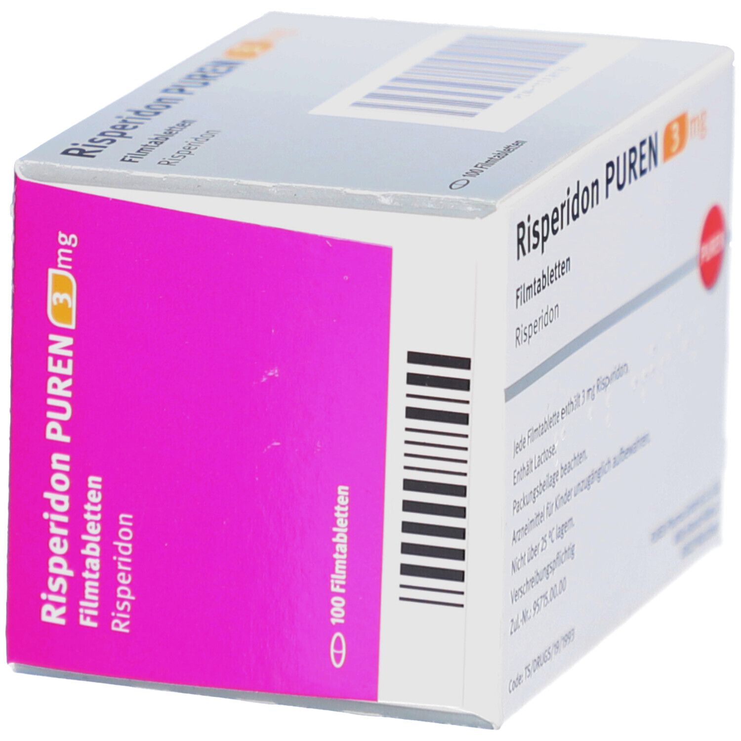 Risperidon PUREN 3 mg Packung, schräg. Weiße Schachtel mit rosa Akzenten. Aufschrift: Risperidon PUREN, 3 mg, 100 Filmtabletten.