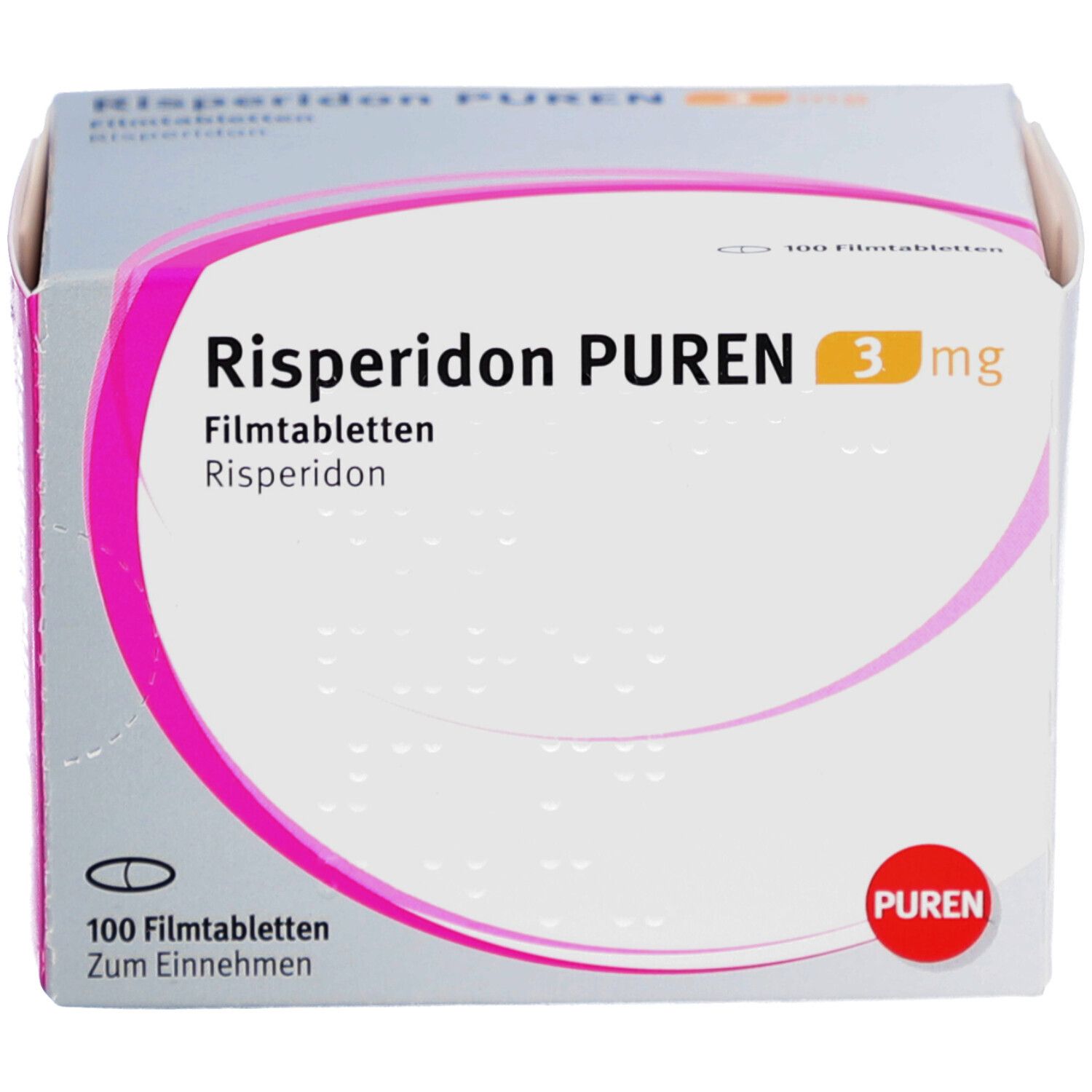 Risperidon PUREN 3 mg Packung. Weiße Schachtel mit rosa Akzenten. Aufschrift: Risperidon PUREN, 3 mg, 100 Filmtabletten. PUREN Logo.