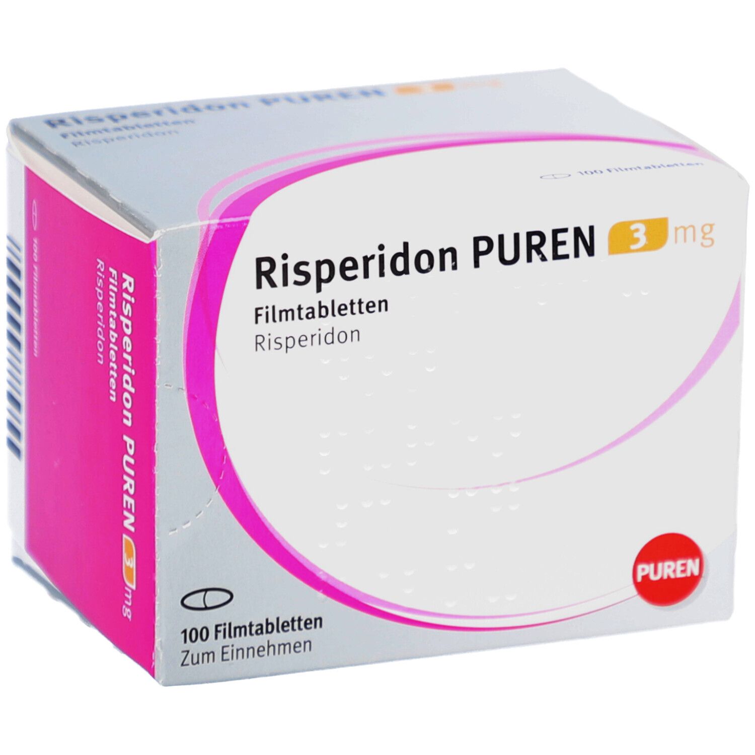 Risperidon PUREN 3 mg Packung, schräg. Weiße Schachtel mit rosa Akzenten. Aufschrift: Risperidon PUREN, 3 mg, 100 Filmtabletten. PUREN Logo.