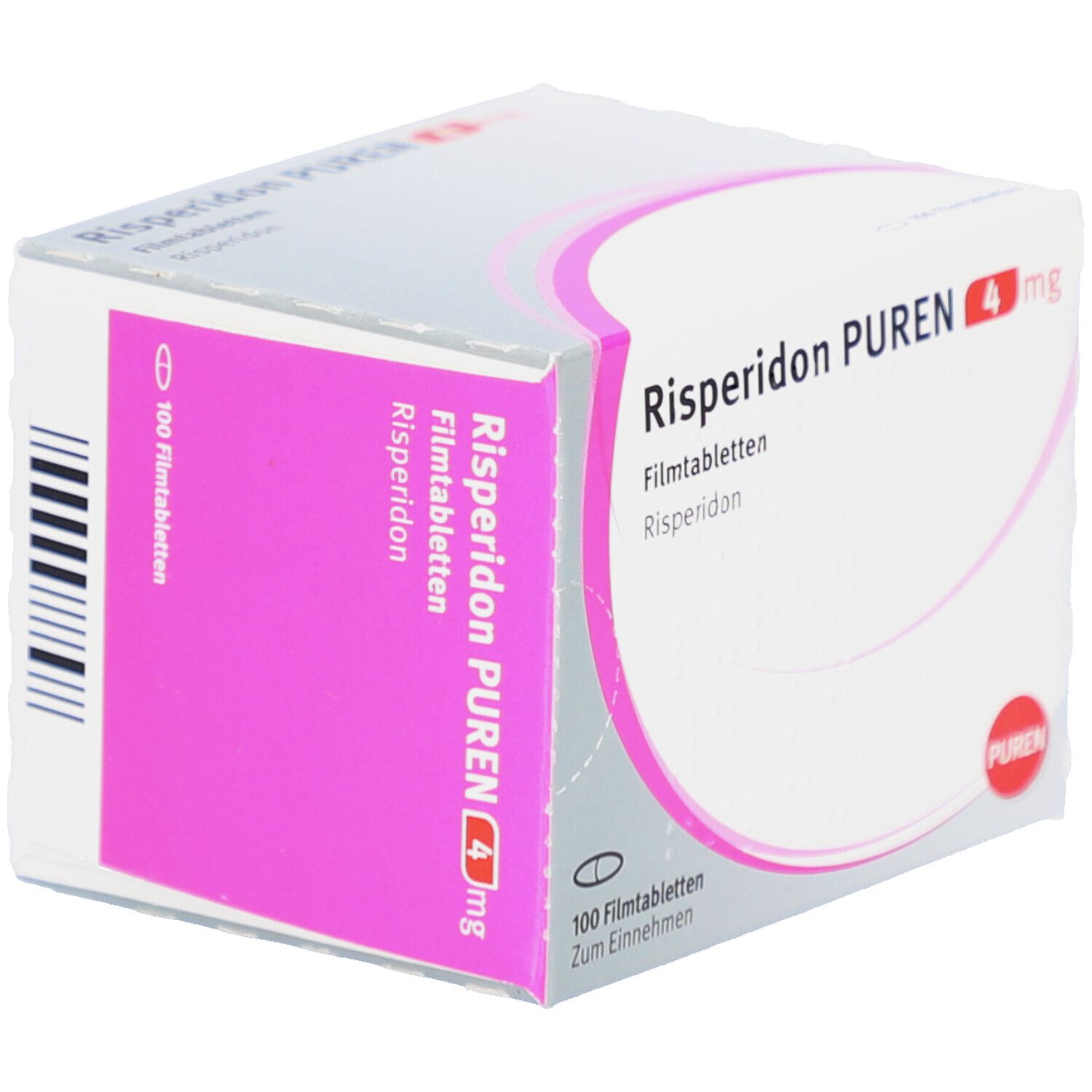 Risperidon PUREN 4 mg Schachtel, Ansicht. Weiße Schachtel mit rosa Akzenten. Enthält 100 Filmtabletten. PUREN-Logo.