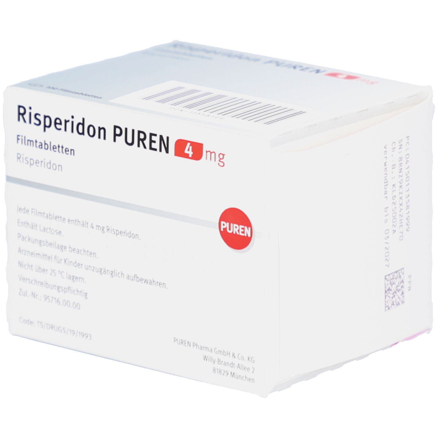 Risperidon PUREN 4 mg Schachtel. Weiße Schachtel mit Text und PUREN-Logo. Enthält Filmtabletten. Detailansicht der Verpackung.