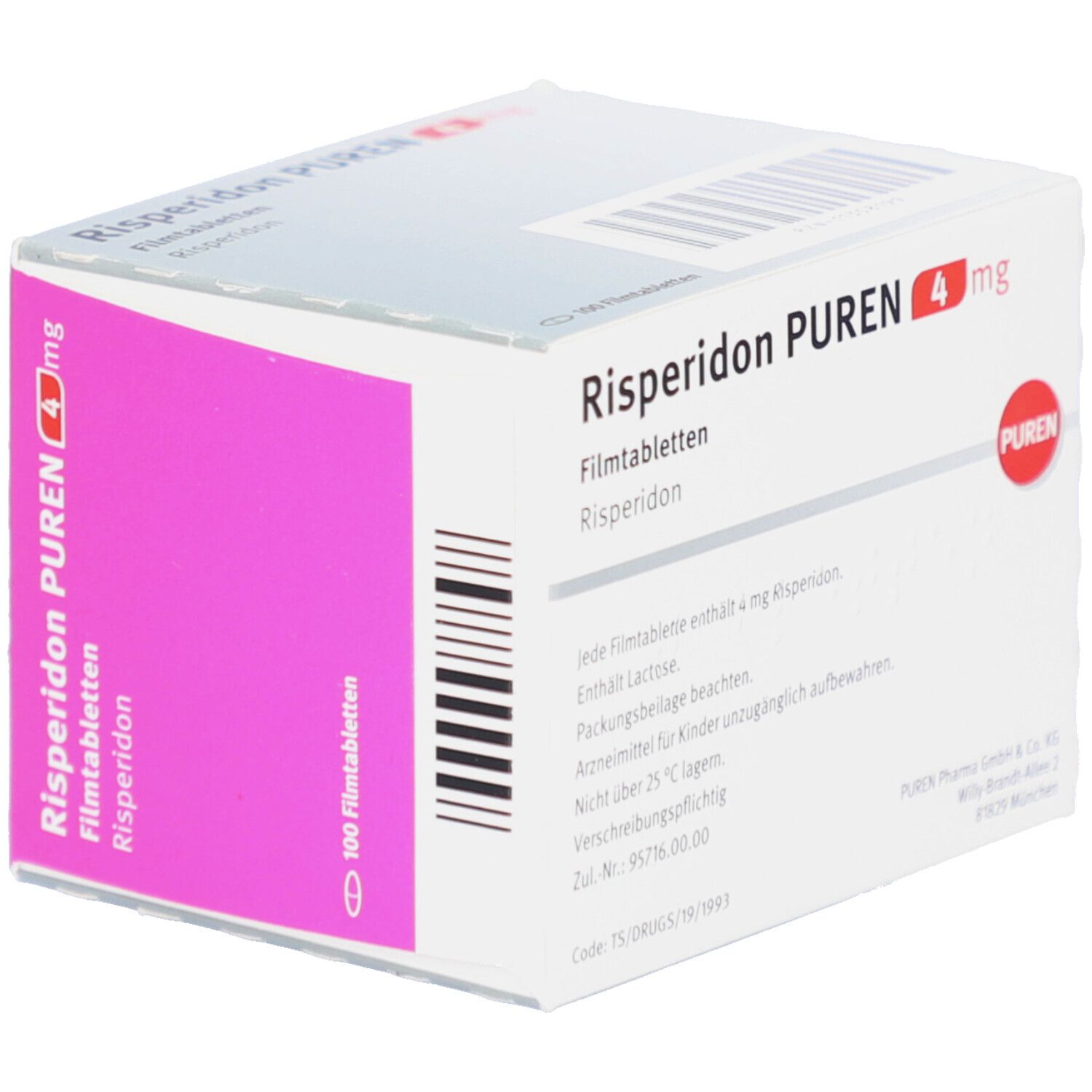 Risperidon PUREN 4 mg Schachtel, Ansicht. Weiße Schachtel mit rosa Akzenten. Enthält 100 Filmtabletten. PUREN-Logo.
