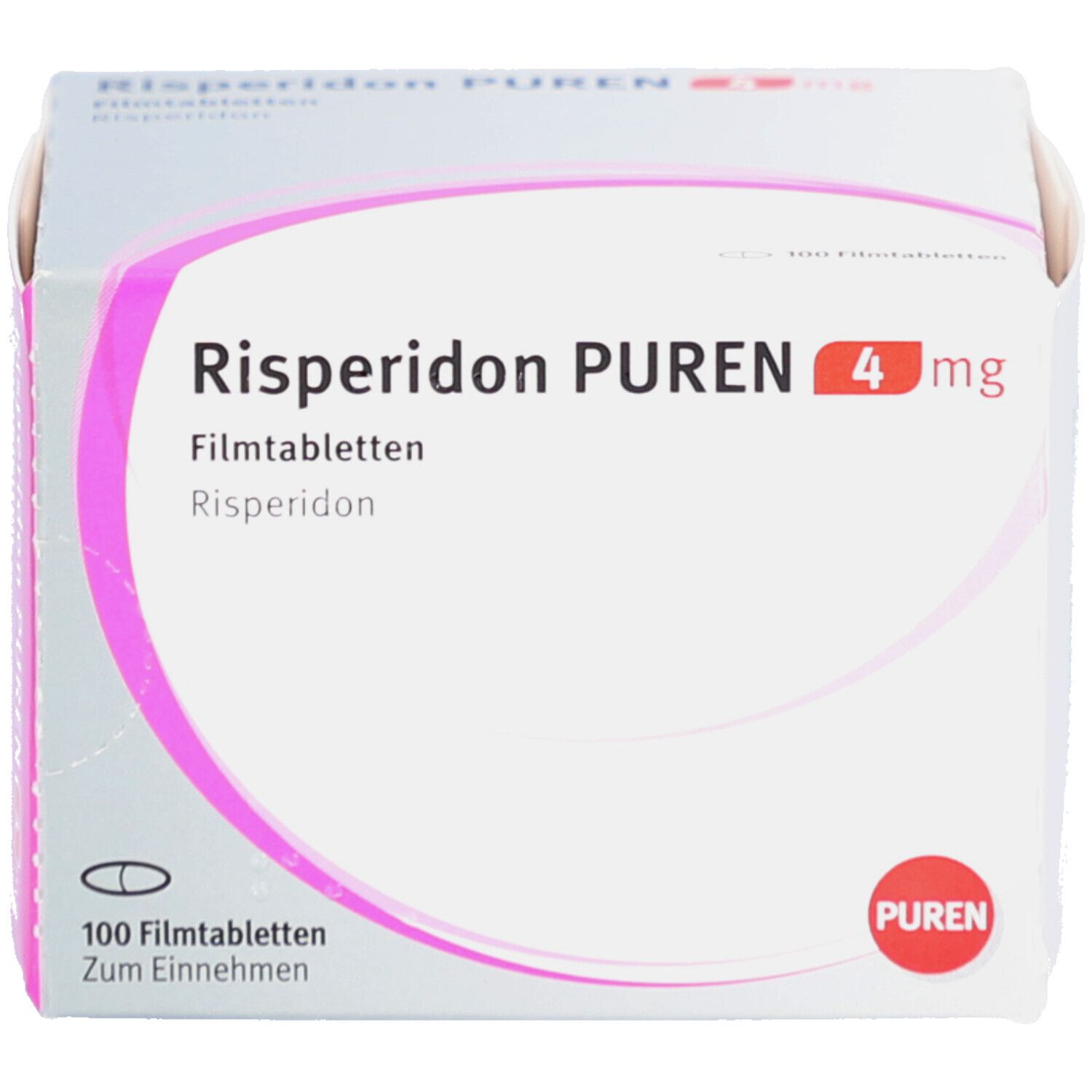 Risperidon PUREN 4 mg Schachtel. Weiße Schachtel mit rosa Akzenten. Enthält 100 Filmtabletten. PUREN-Logo.