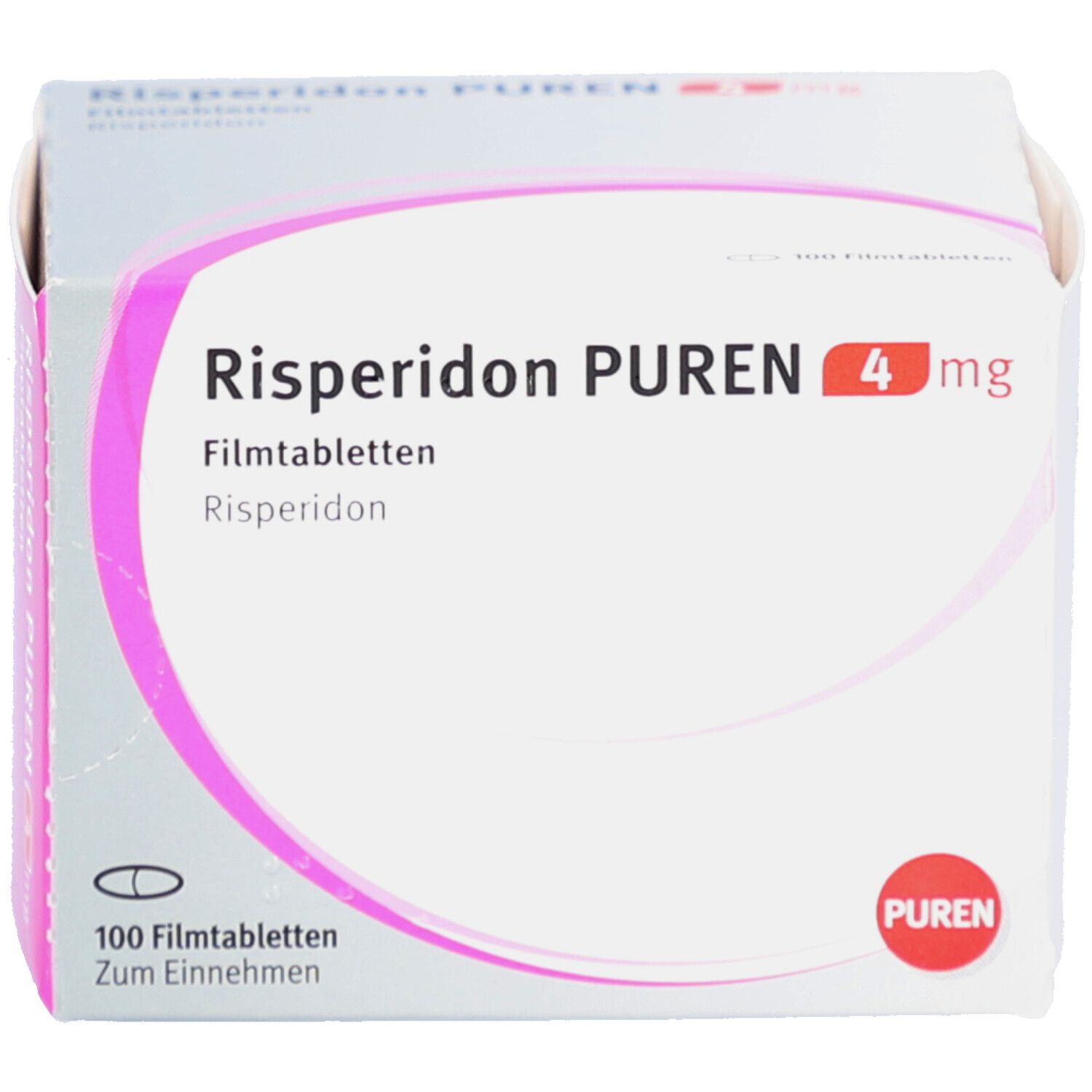 Risperidon PUREN 4 mg Schachtel. Weiße Schachtel mit rosa Akzenten. Enthält 100 Filmtabletten. PUREN-Logo.