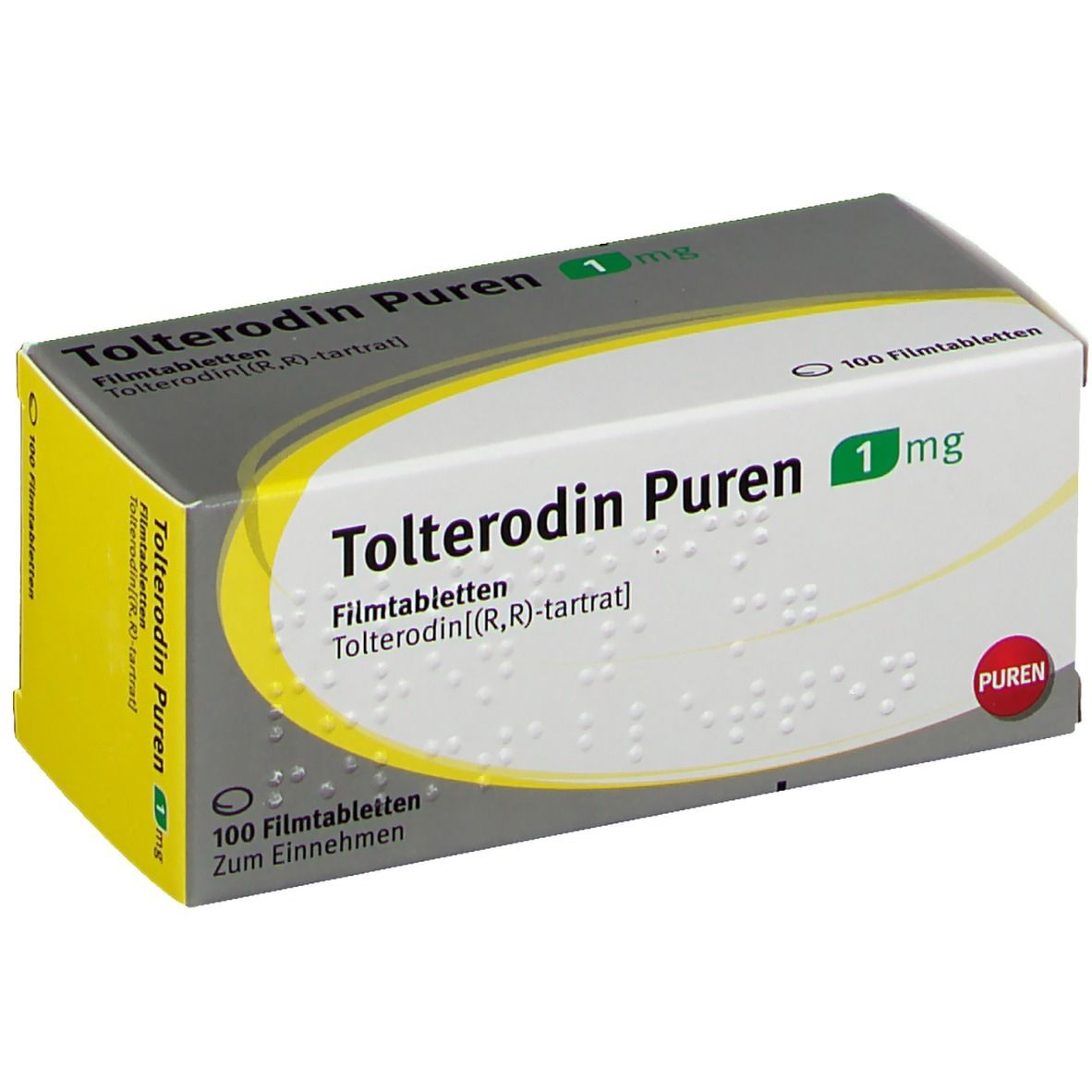 Schachtel Tolterodin Puren 1 mg. Aufschrift: 100 Filmtabletten. Gelb, grau und weiß. PUREN-Logo.