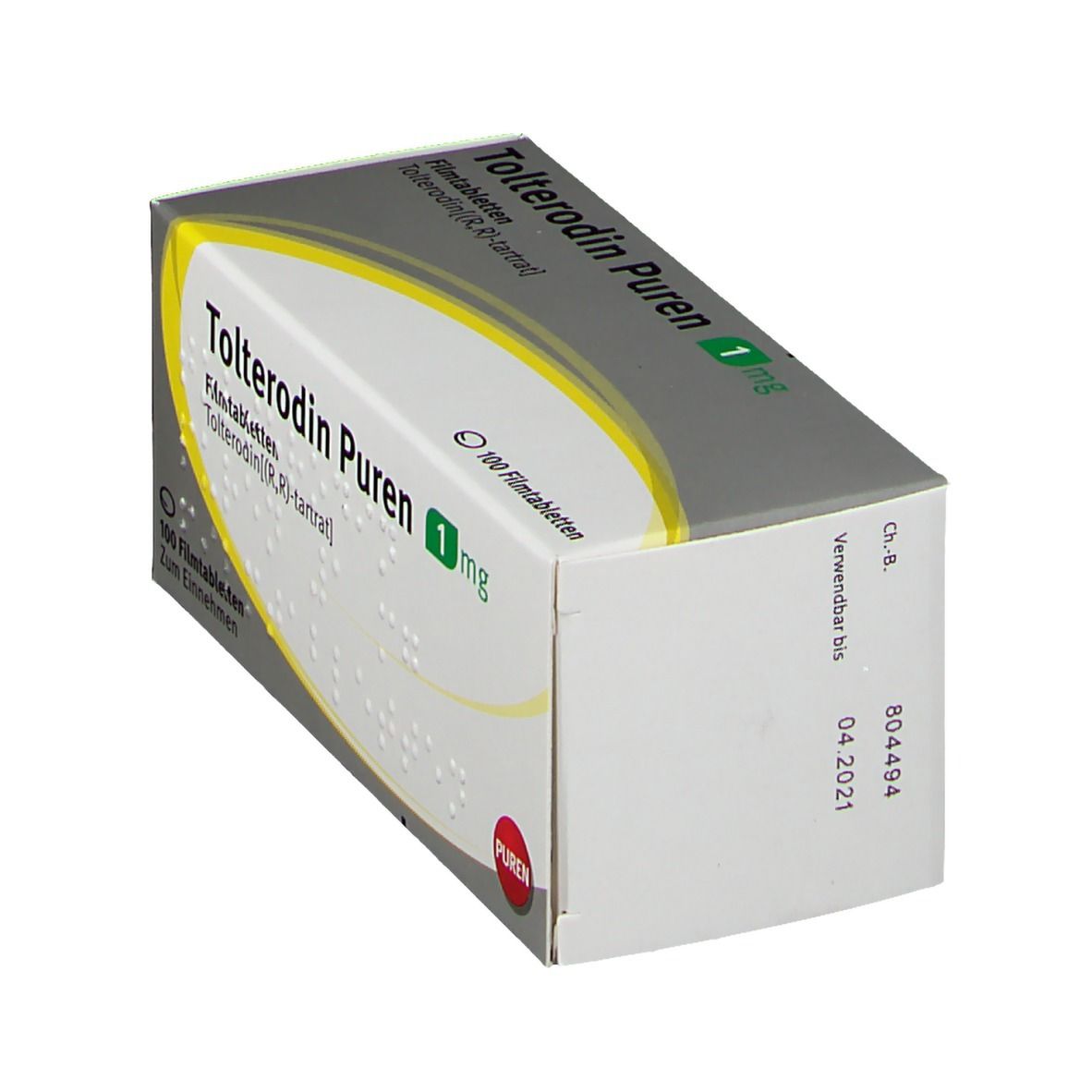 Schachtel Tolterodin Puren 1 mg. Aufschrift: 100 Filmtabletten. Verfallsdatum 04.2021. PUREN-Logo.