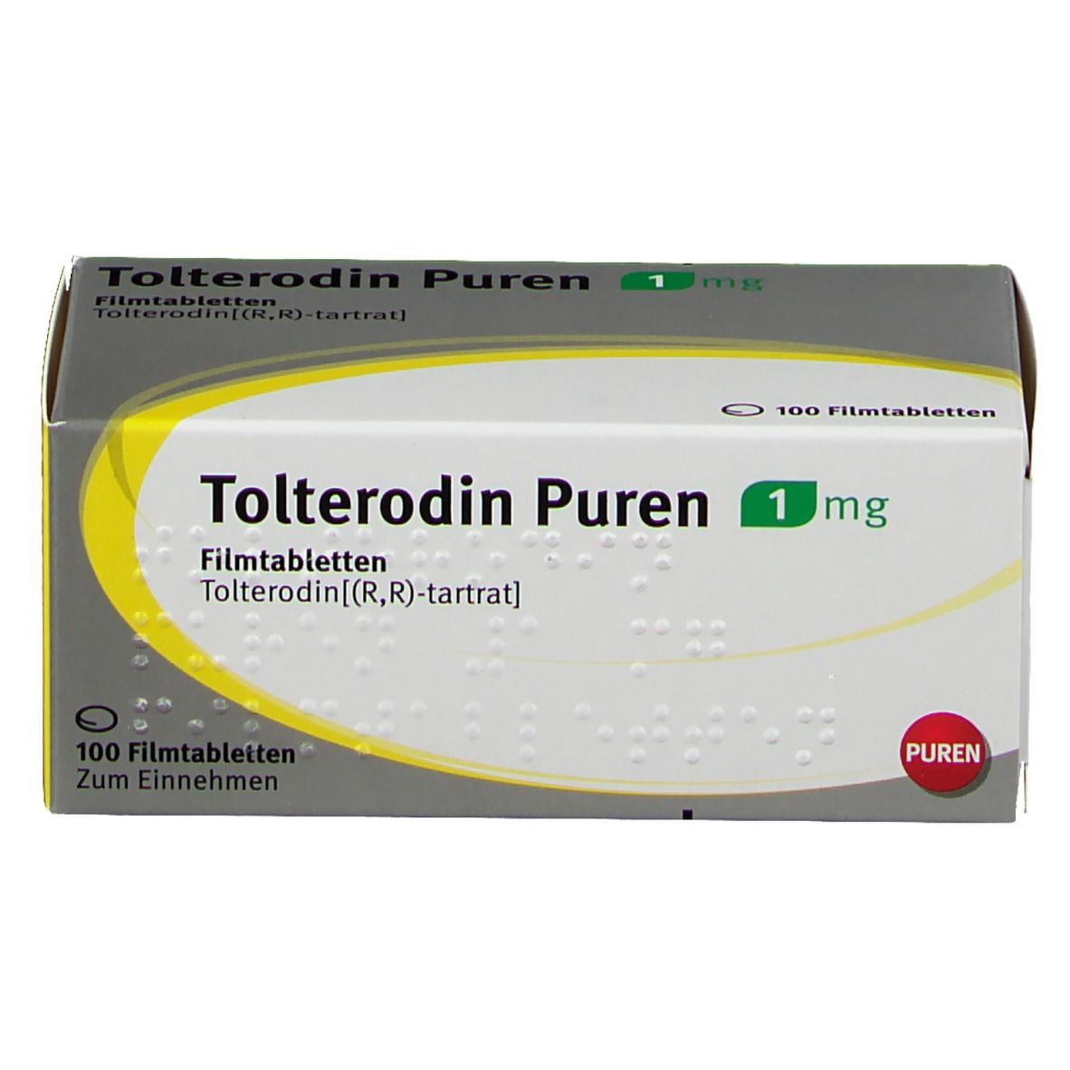 Schachtel Tolterodin Puren 1 mg. Aufschrift: 100 Filmtabletten. Gelb, grau und weiß. PUREN-Logo.