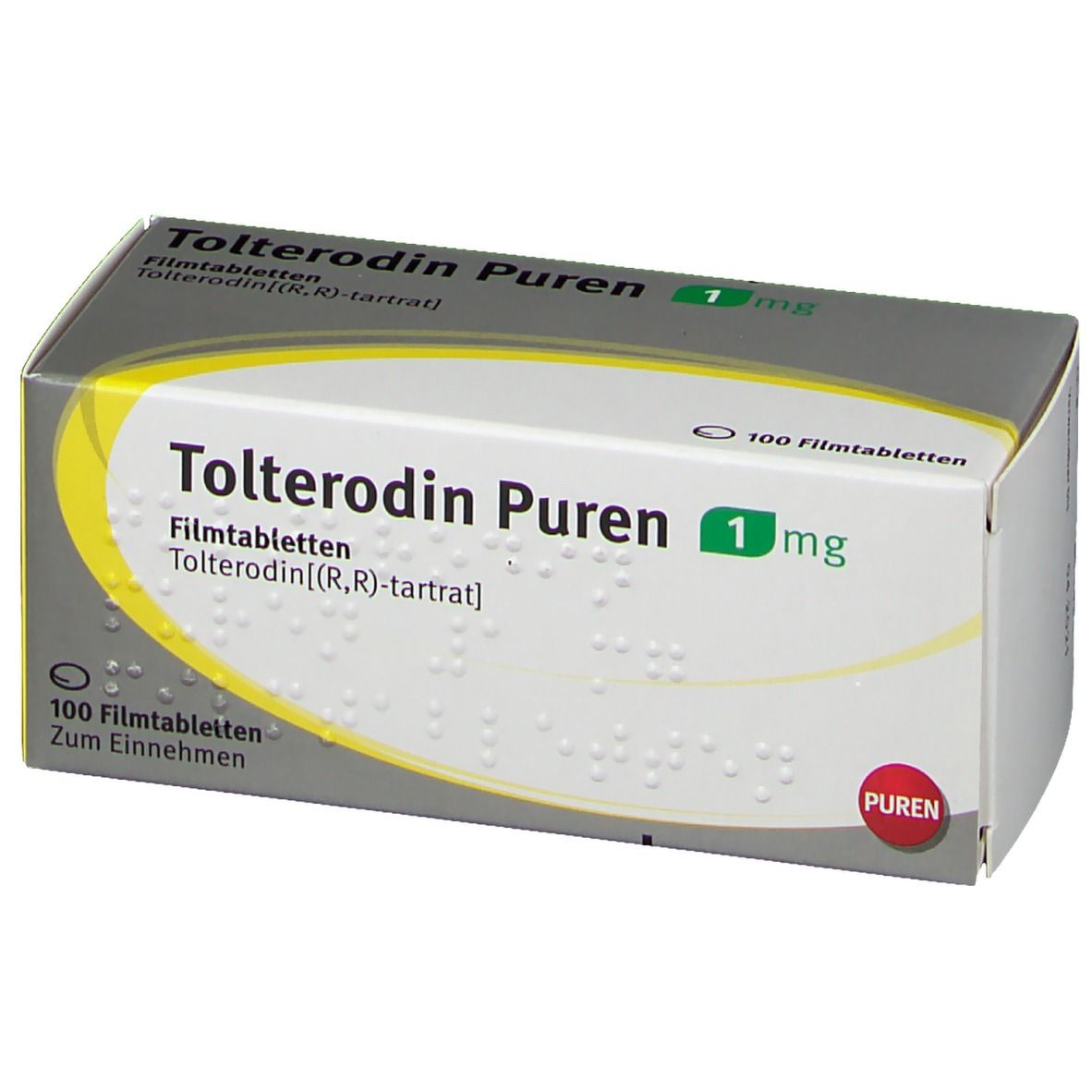 Schachtel Tolterodin Puren 1 mg. Aufschrift: 100 Filmtabletten. Gelb, grau und weiß. PUREN-Logo.