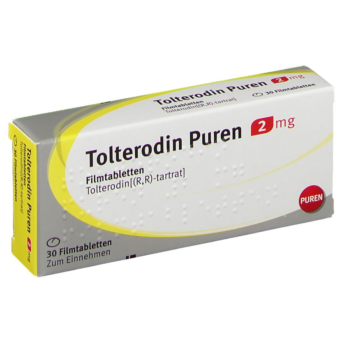 Schachtel mit Tolterodin PUREN 2 mg Filmtabletten. Gelb-weiße Verpackung mit Produktnamen und Dosierung. 30 Filmtabletten.