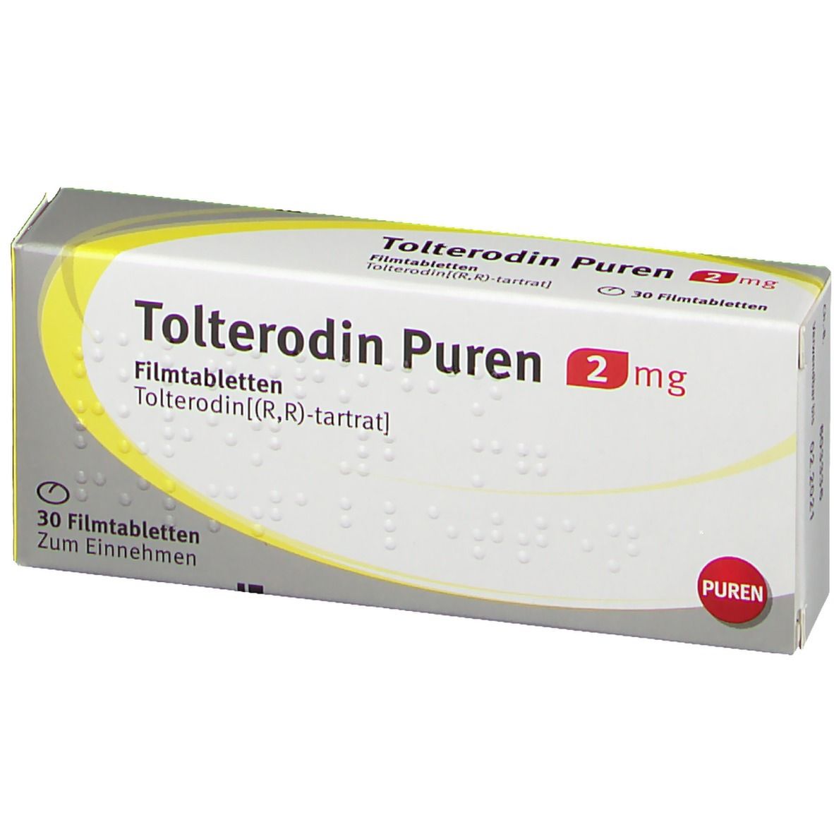 Schachtel Tolterodin PUREN 2 mg. Weiße Verpackung mit Produktnamen und Dosierung. 30 Filmtabletten. Gelber Akzent.