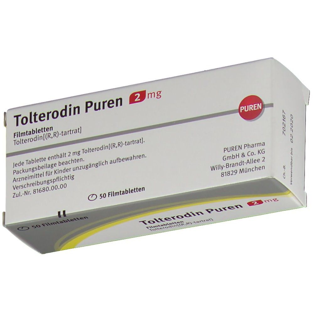 Schachtel Tolterodin PUREN 2 mg. Weiß mit gelbem Akzent. Aufdruck: Name, Dosierung, 50 Filmtabletten. PUREN Logo.