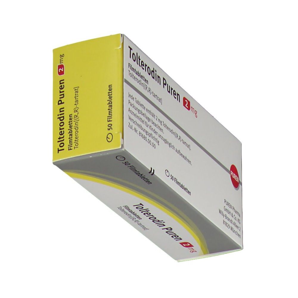 Schachtel Tolterodin PUREN 2 mg. Gelb-weißes Design. Aufdruck: Name, Dosierung, 50 Filmtabletten. PUREN Logo. Schrägansicht.