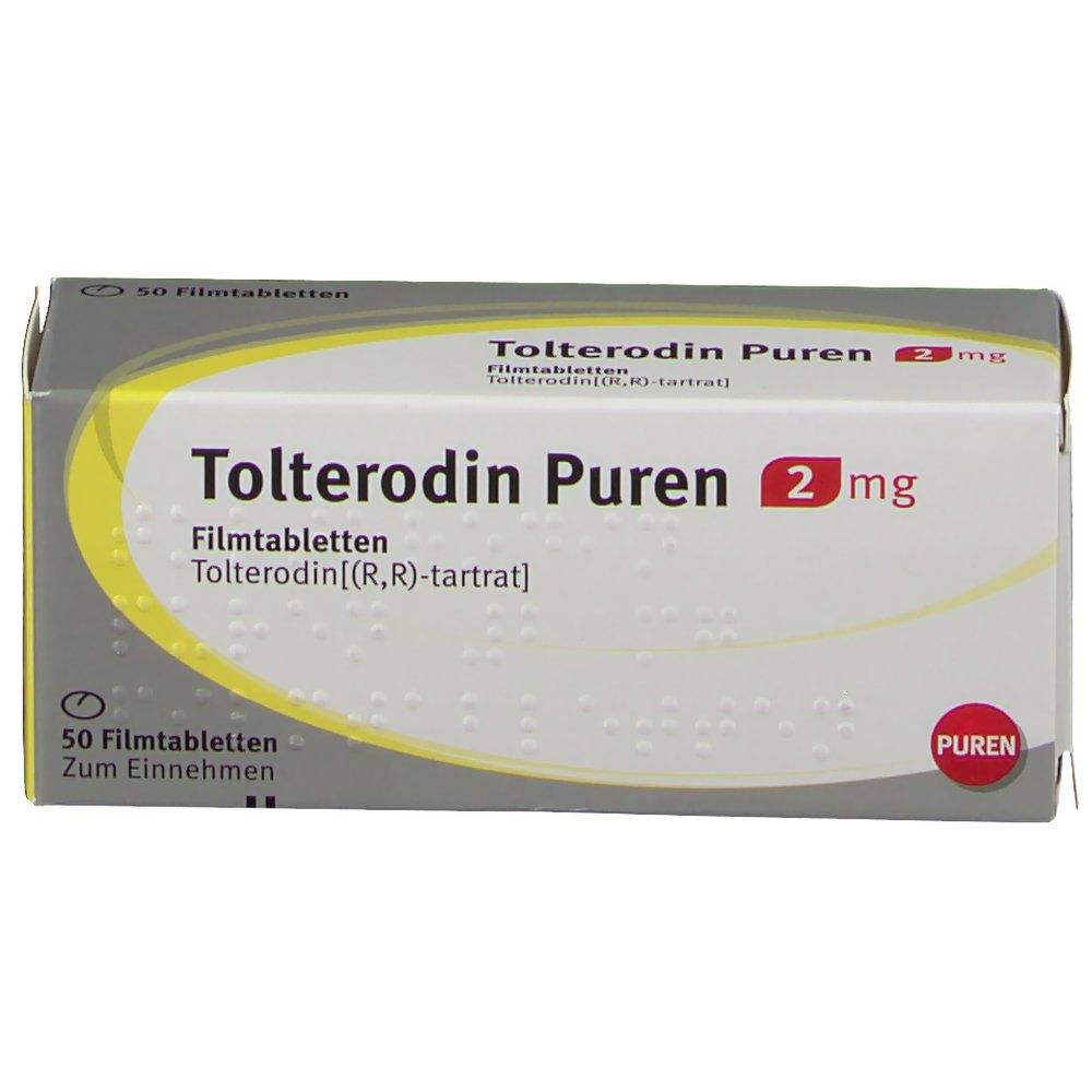 Schachtel Tolterodin PUREN 2 mg. Weiß mit gelbem Akzent. Aufdruck: Name, Dosierung, 50 Filmtabletten. PUREN Logo.