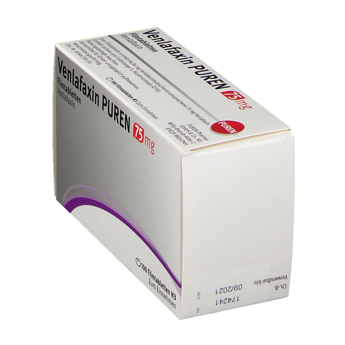 Schachtel mit VENLAFAXIN PUREN 75 mg Filmtabletten. Aufschrift: Venlafaxin PUREN 75 mg. Packungsinhalt: 100 Filmtabletten. Verfallsdatum: 09/2021.
