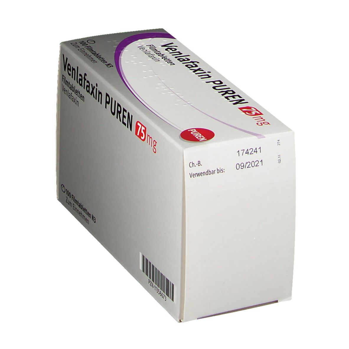 Schachtel mit VENLAFAXIN PUREN 75 mg Filmtabletten. Aufschrift: Venlafaxin PUREN 75 mg. Packungsinhalt: 100 Filmtabletten. Verfallsdatum: 09/2021.