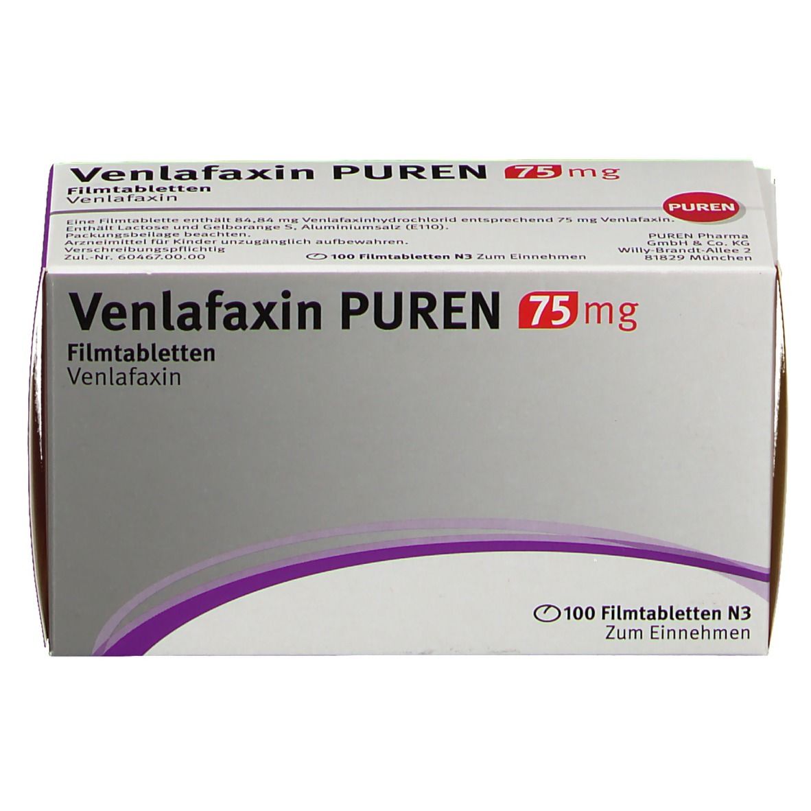 Schachtel mit VENLAFAXIN PUREN 75 mg Filmtabletten. Aufschrift: Venlafaxin PUREN 75 mg. Packungsinhalt: 100 Filmtabletten.