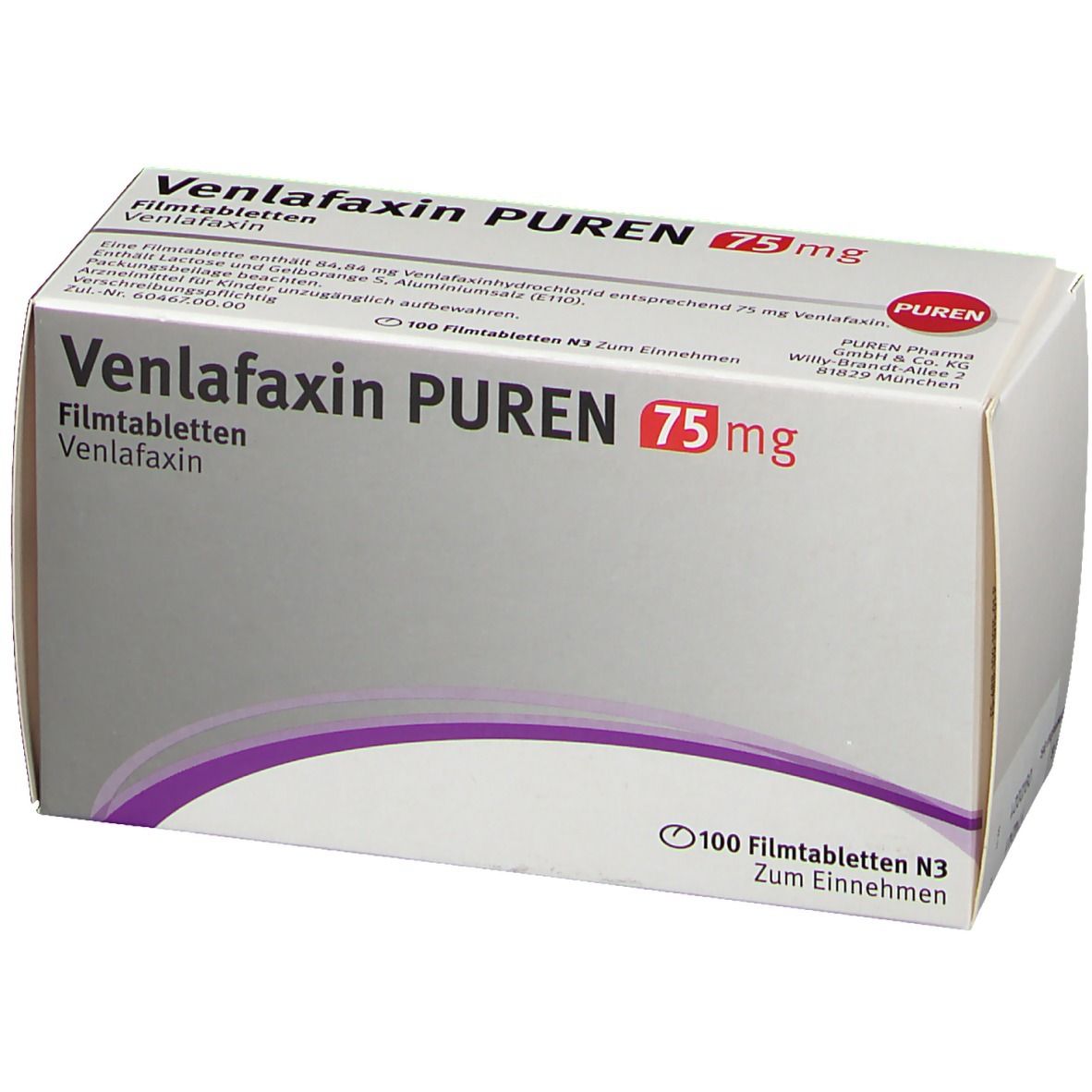 Schachtel mit VENLAFAXIN PUREN 75 mg Filmtabletten. Aufschrift: Venlafaxin PUREN 75 mg. Packungsinhalt: 100 Filmtabletten.