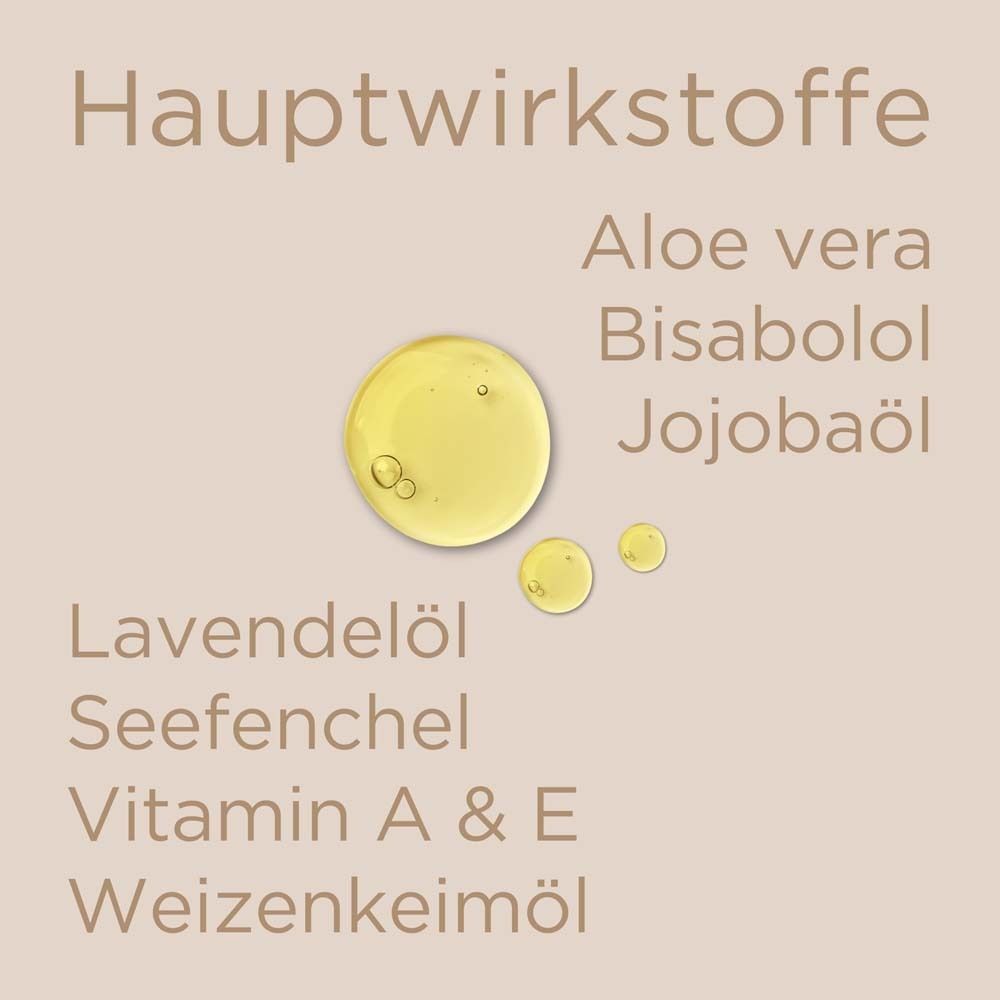 Hauptwirkstoffe: Aloe vera, Bisabolol, Jojobaöl, Lavendelöl, Seefenchel, Vitamin A & E, Weizenkeimöl.