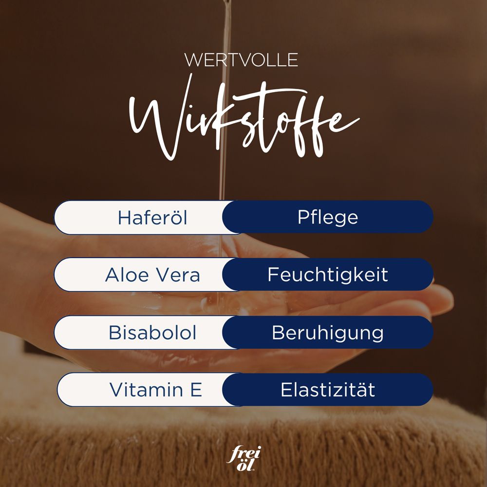 Text mit Inhaltsstoffen. Haferöl, Aloe Vera, Bisabolol, Vitamin E. Hand mit Öl.