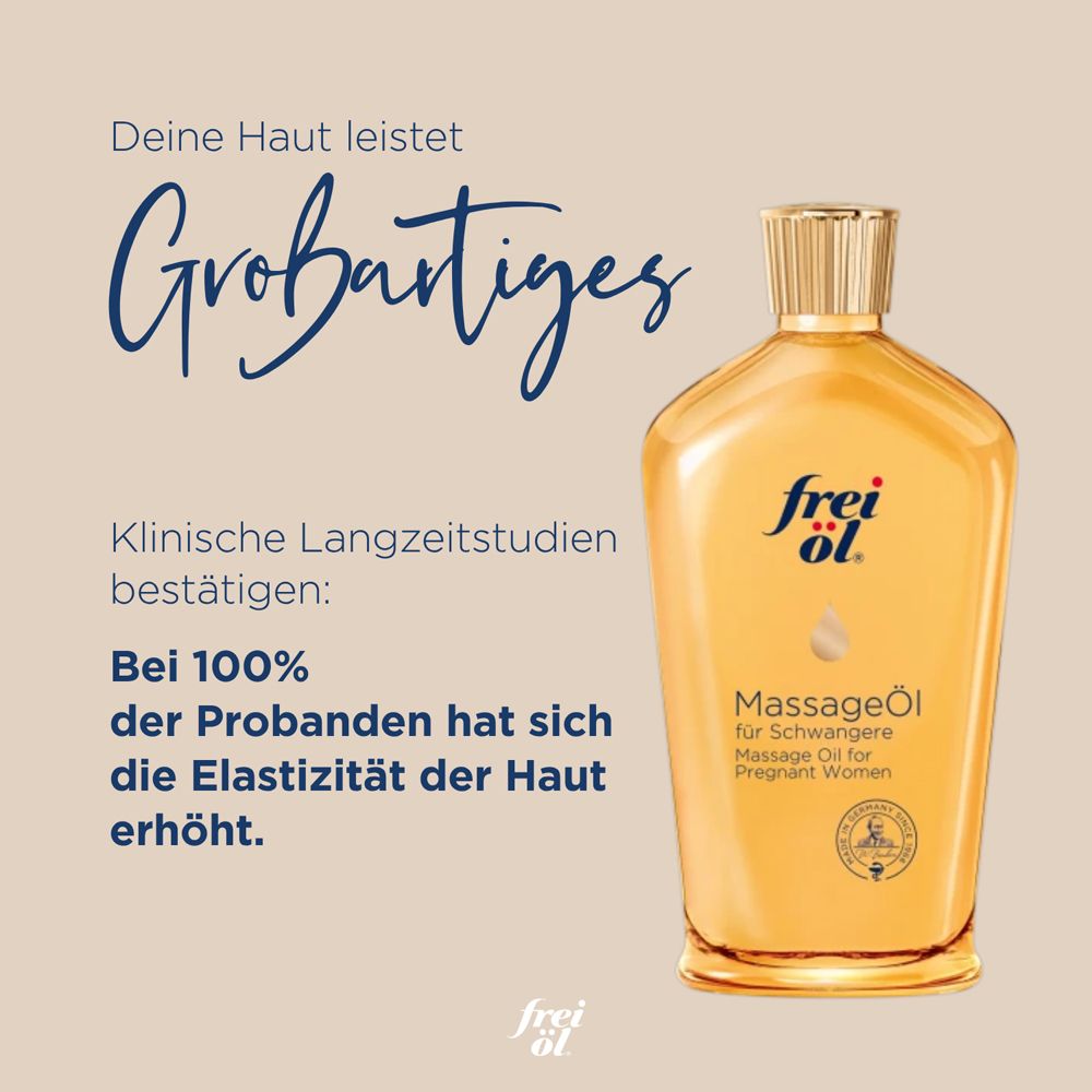 Flasche mit Massageöl. Text: Bei 100% der Probanden hat sich die Elastizität der Haut erhöht. frei öl® Logo.