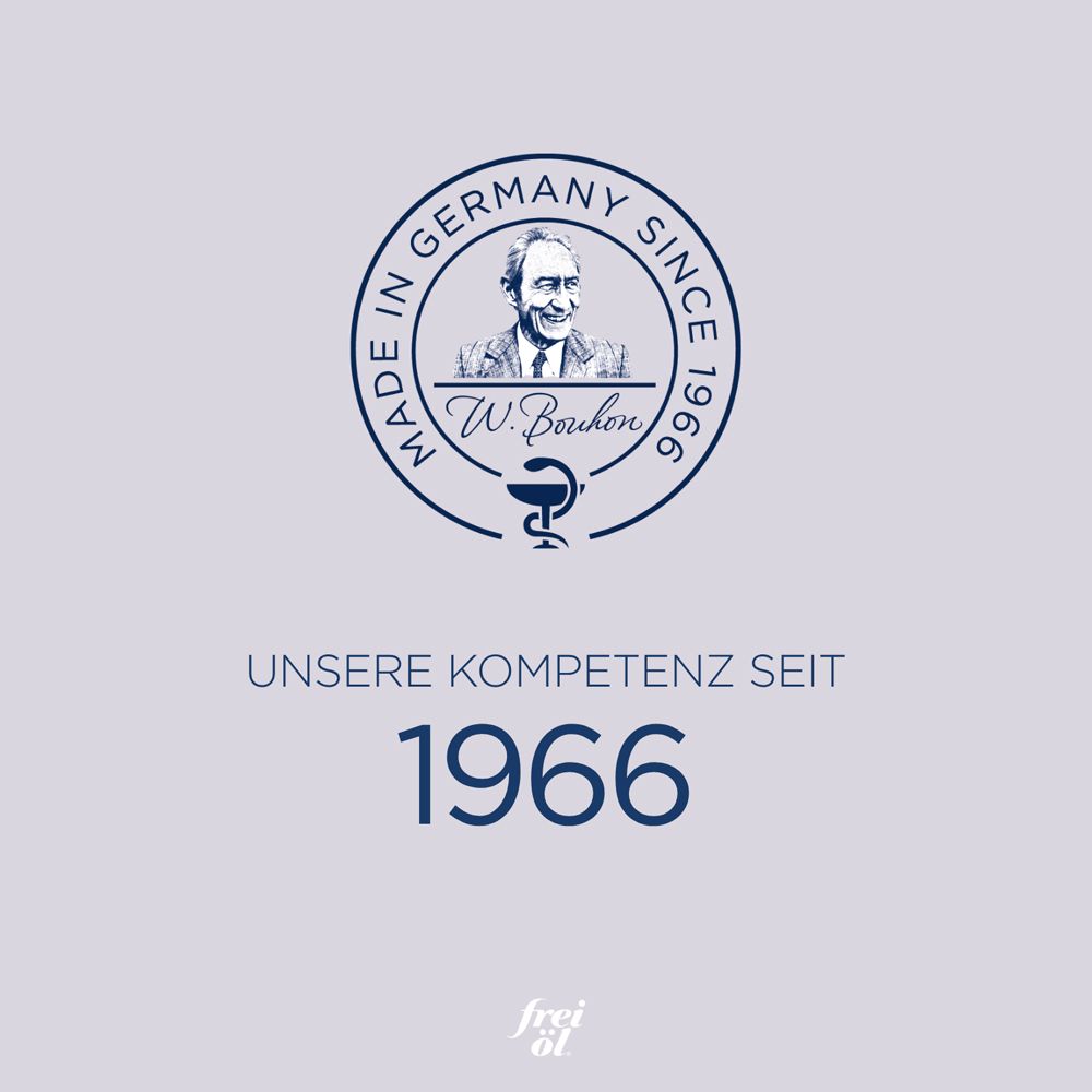 Blauer Hintergrund mit Text. Text: Made in Germany since 1966. Logo mit Apotheker-Symbol.