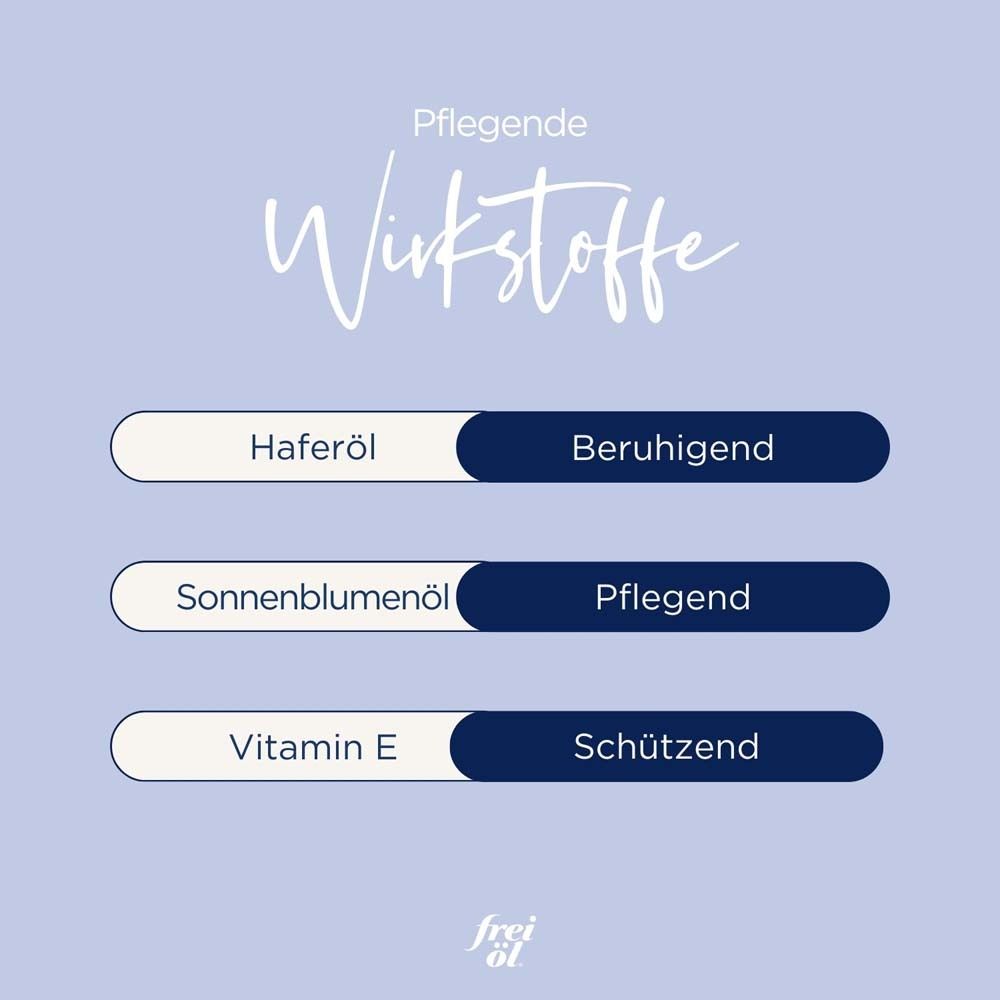 Inhaltsstoffe: Haferöl, Sonnenblumenöl, Vitamin E. Text: Beruhigend, pflegend, schützend. frei öl®-Logo.