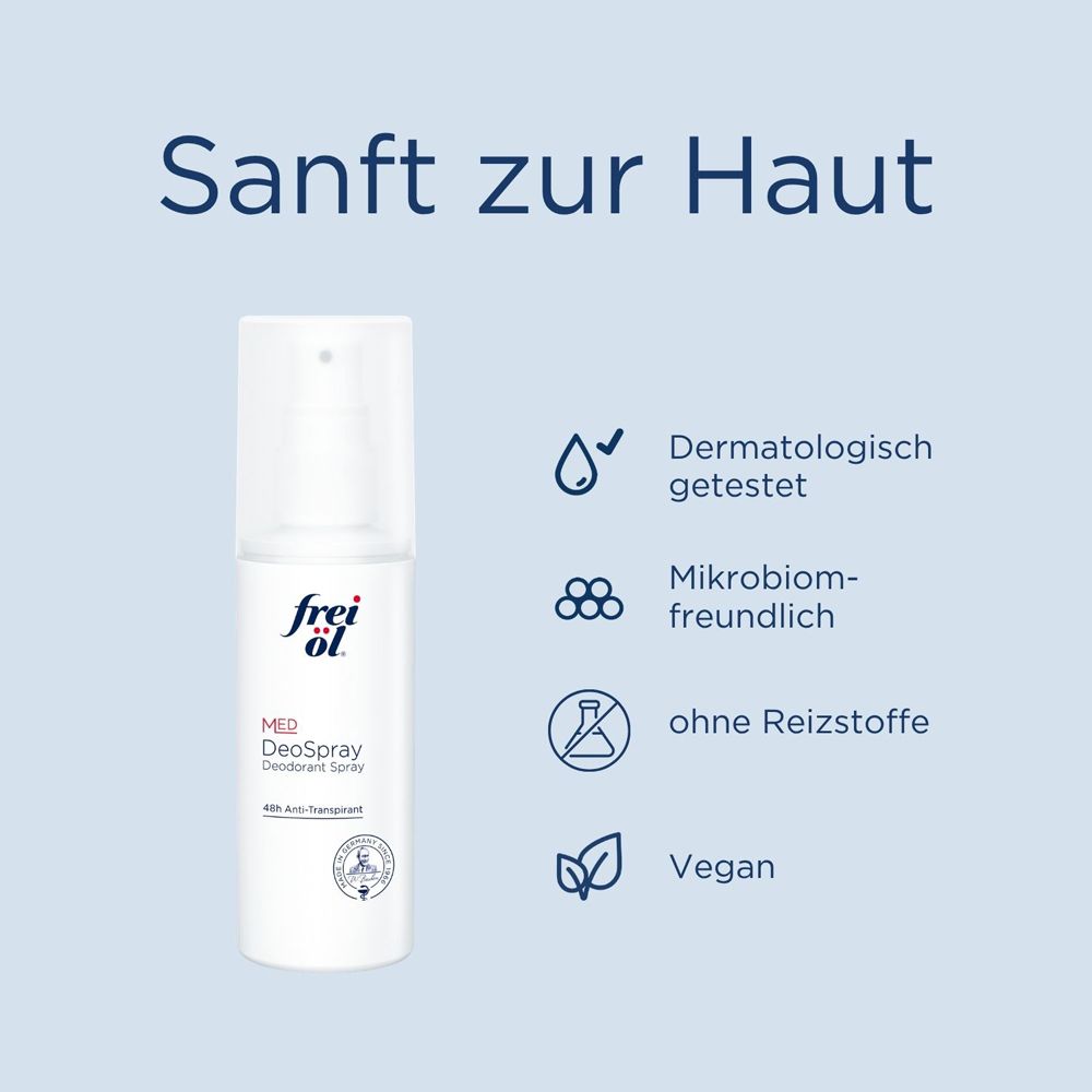 frei öl® DeoSpray MED: Sanft zur Haut. Dermatologisch getestet, mikrobenfreundlich, vegan.
