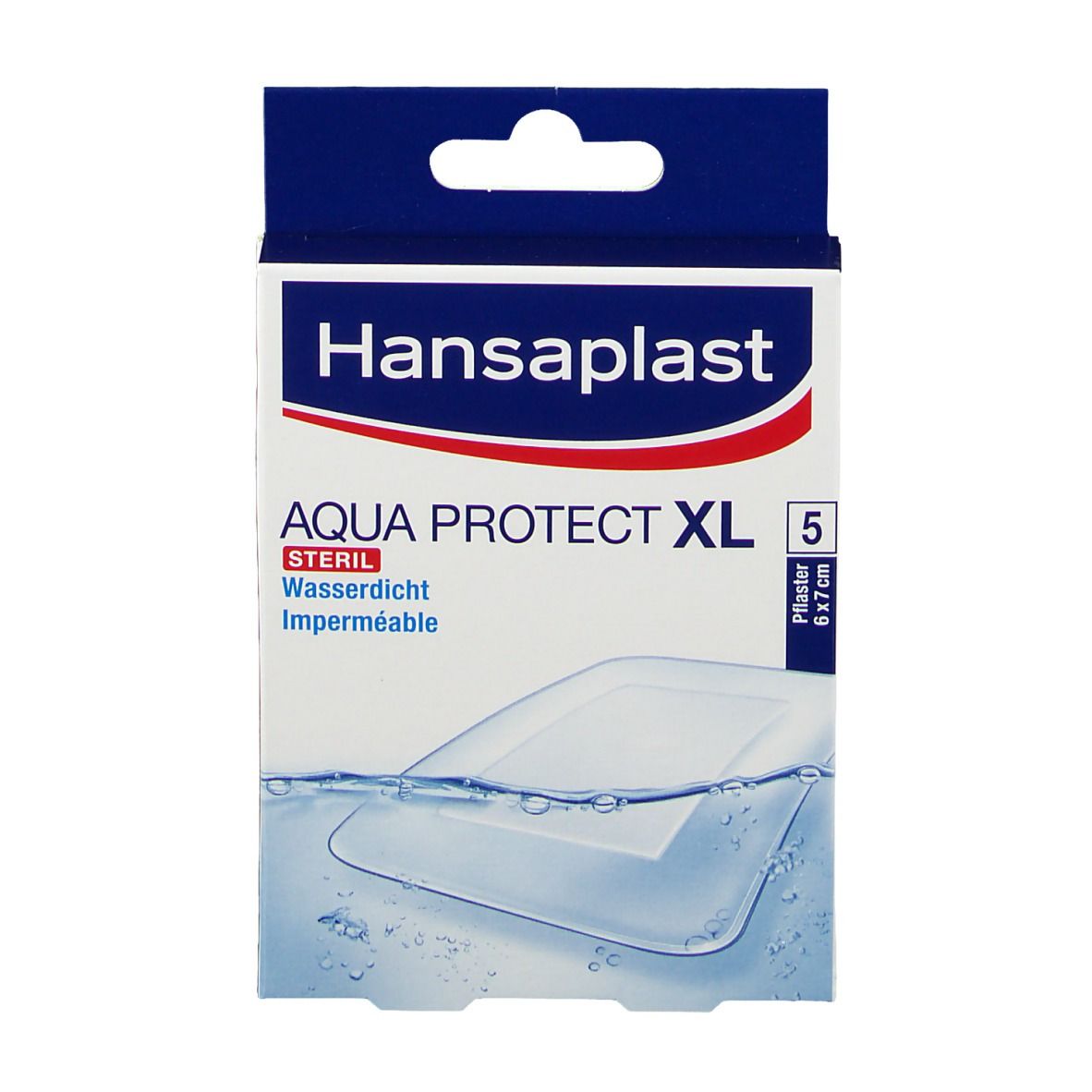 Verpackung Hansaplast Aqua Protect XL. Steril, wasserdicht. Größe 6x7 cm. 5 Pflaster.