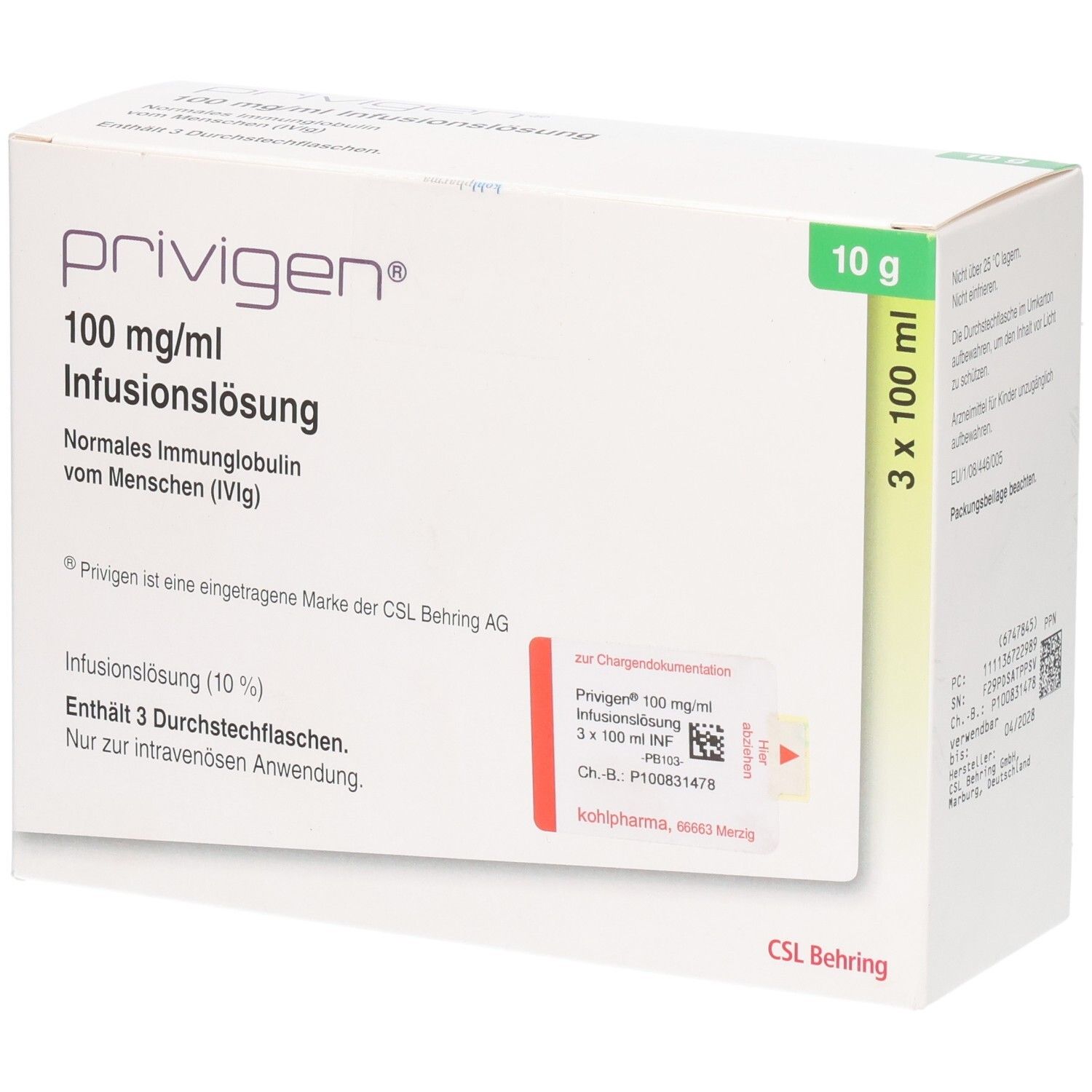 Weiße Kartonverpackung mit PRIVIGEN-Logo, 100 mg/ml Infusionslösung. Enthält 3 Durchstechflaschen. 3 x 100 ml. CSL Behring.