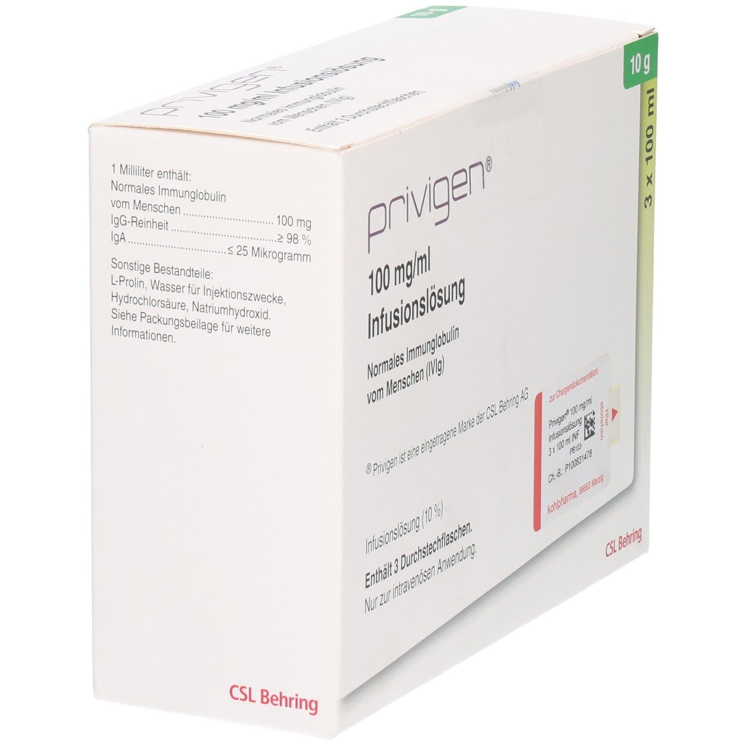 Kartonverpackung mit PRIVIGEN-Logo, 100 mg/ml Infusionslösung. Enthält 3 Durchstechflaschen. CSL Behring-Logo. Produktinformationen.
