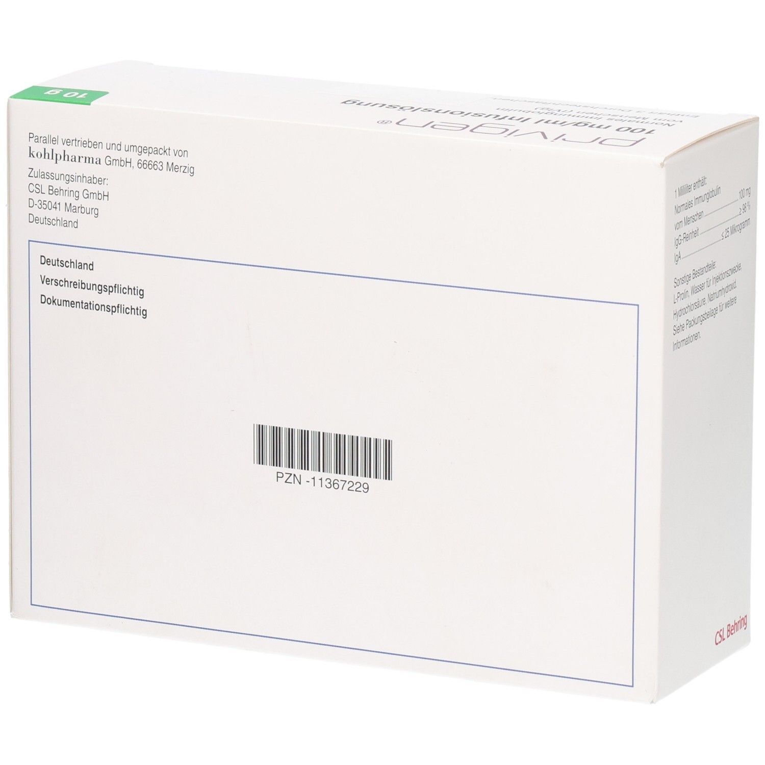 Rückseite der Kartonverpackung. Barcode und PZN-Nummer. Herstellerinformationen: CSL Behring, Deutschland.