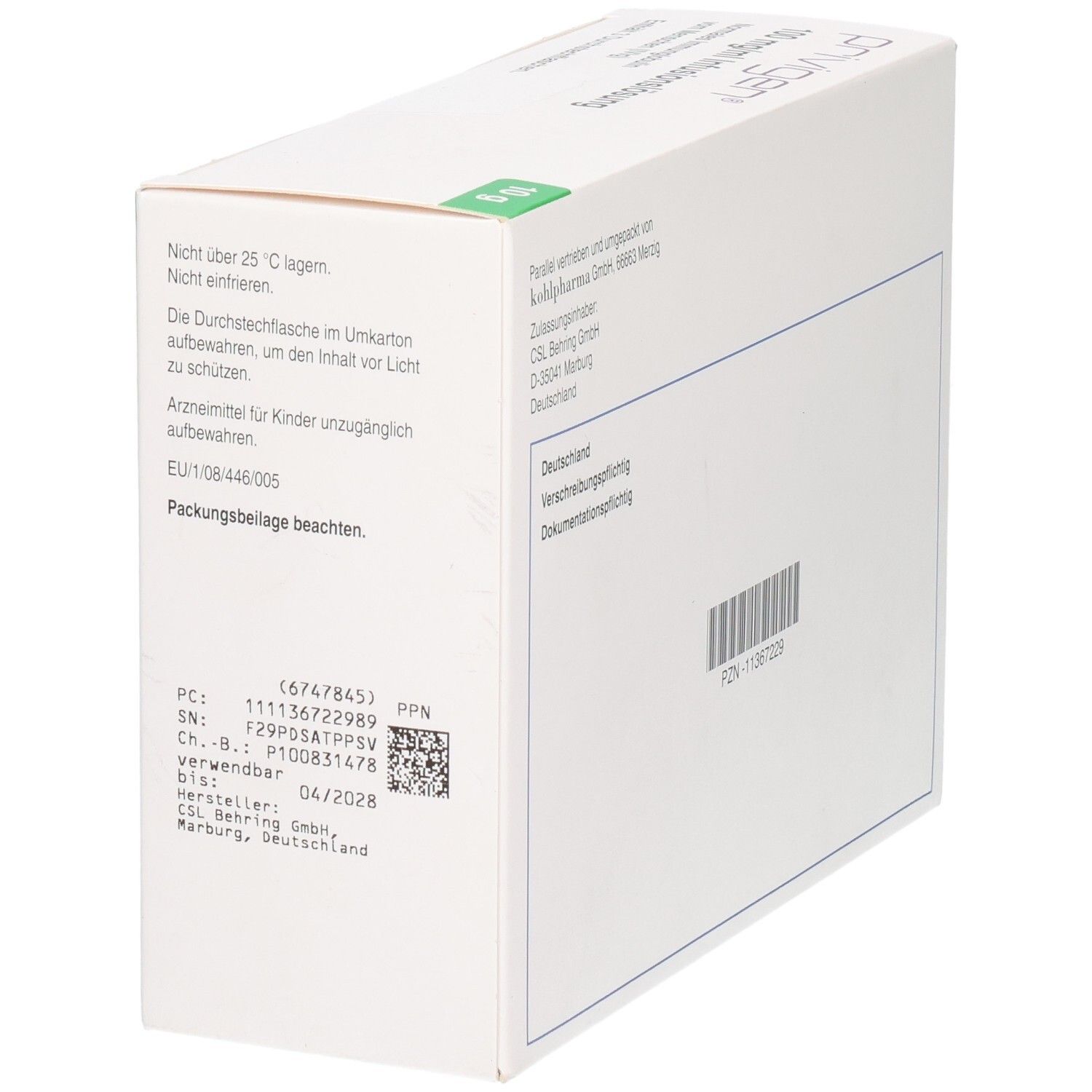 Kartonverpackung mit Produktinformationen. Barcode und Chargennummer. Herstellerinformationen: CSL Behring, Deutschland.