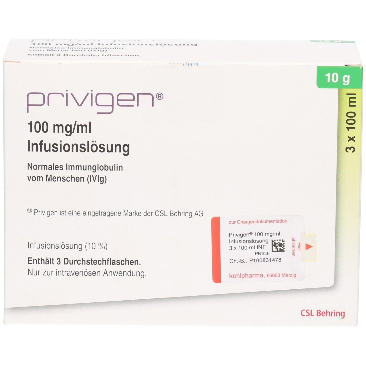 Weiße Kartonverpackung mit PRIVIGEN-Logo, 100 mg/ml Infusionslösung. Enthält 3 Durchstechflaschen. 3 x 100 ml. CSL Behring.