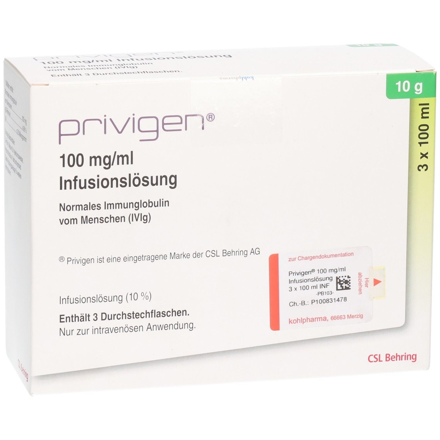 Weiße Kartonverpackung mit PRIVIGEN-Logo, 100 mg/ml Infusionslösung. Enthält 3 Durchstechflaschen. 3 x 100 ml. CSL Behring.