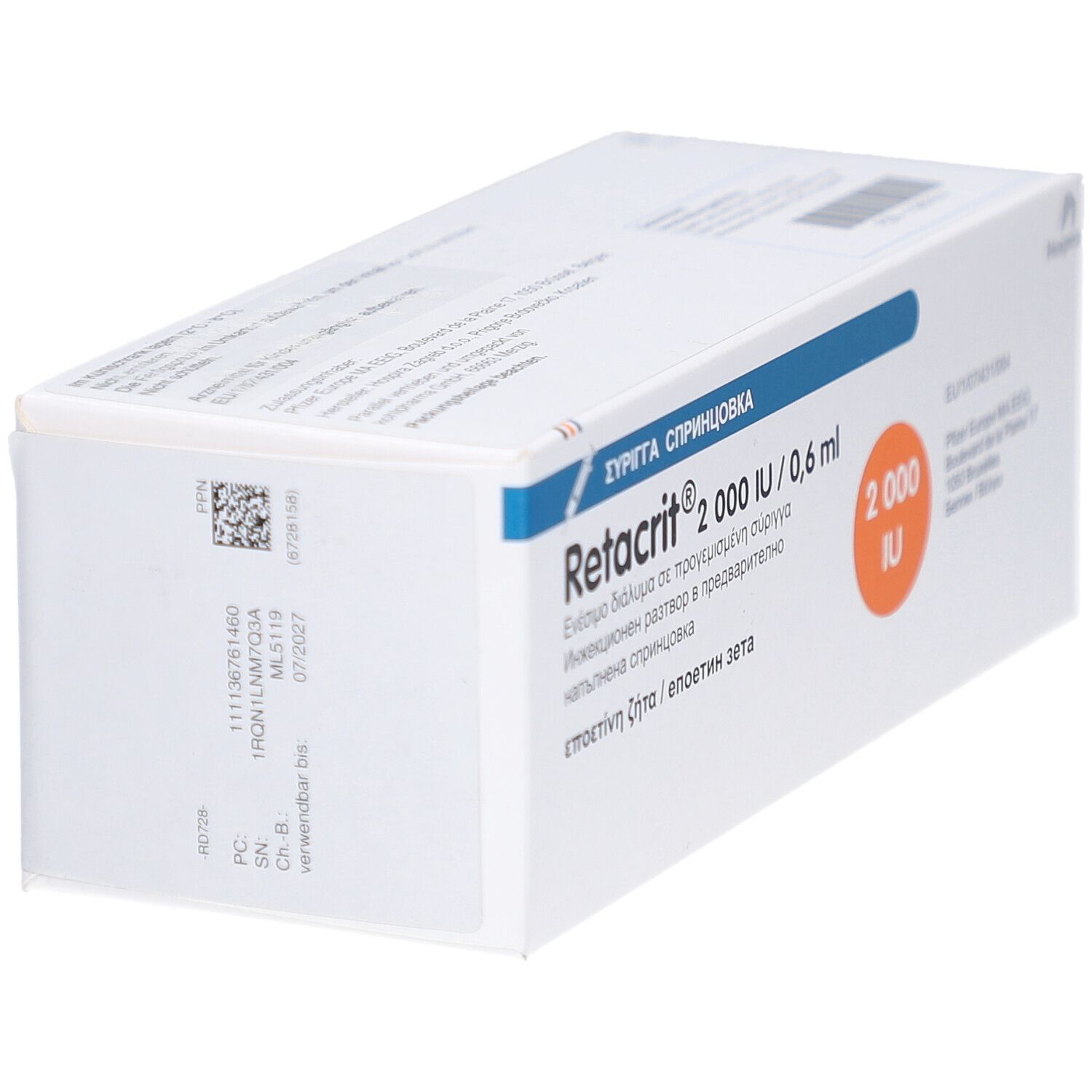 Weiße Verpackung mit blauer Beschriftung. Aufschrift: Retacrit 2.000 IE/0,6 ml. Barcode und Text auf der Seite.