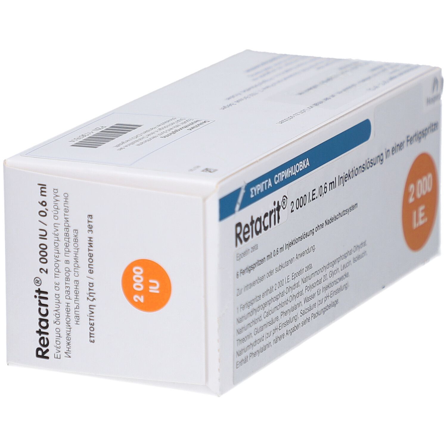 Weiße Verpackung mit blauer und orangefarbener Beschriftung. Aufschrift: Retacrit 2.000 I.E./0,6 ml. Orangefarbener Kreis mit 2.000 I.E.