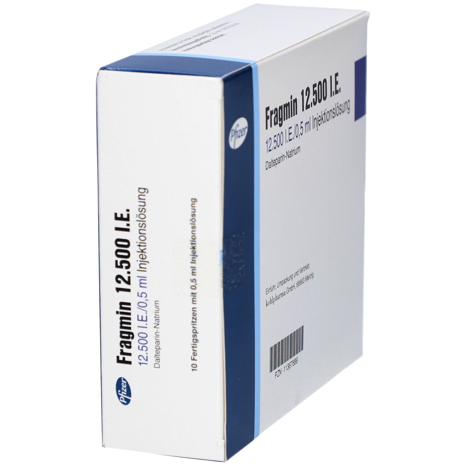 Schachtel mit Fragmin 12.500 I.E. und Pfizer-Logo. Auf der Seite steht: 12.500 I.E./0,5 ml Injektionslösung. Enthält 10 Fertigspritzen.
