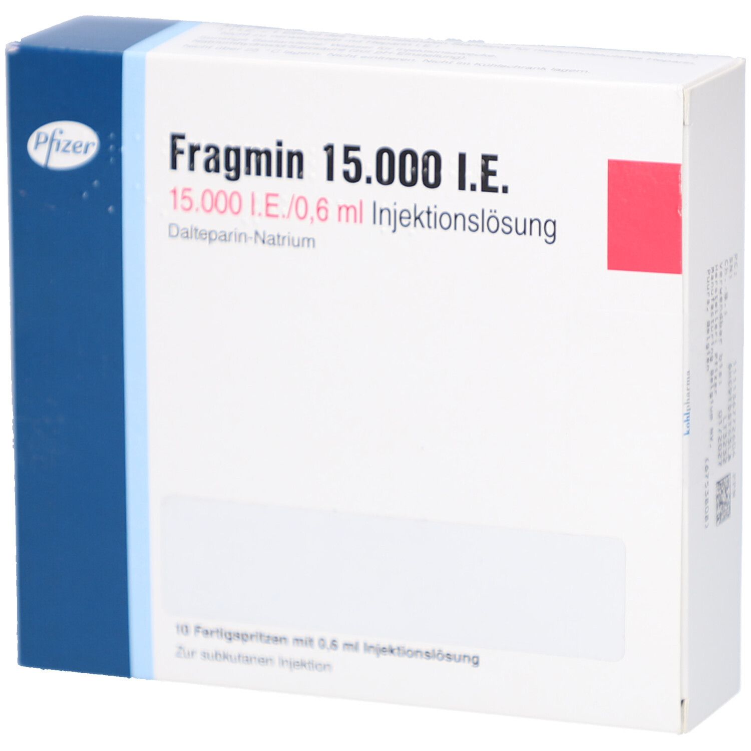 Schachtel mit Fragmin 15.000 I.E. Aufschrift. Enthält 10 Fertigspritzen mit 0,6 ml Injektionslösung. Pfizer Logo.