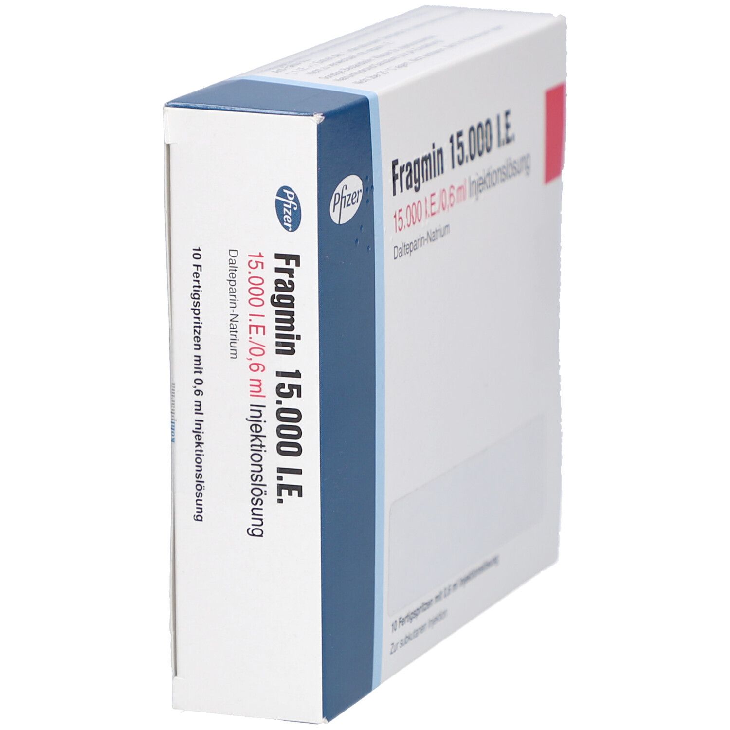 Schachtel mit Fragmin 15.000 I.E. Aufschrift. Enthält 10 Fertigspritzen mit 0,6 ml Injektionslösung. Pfizer Logo.