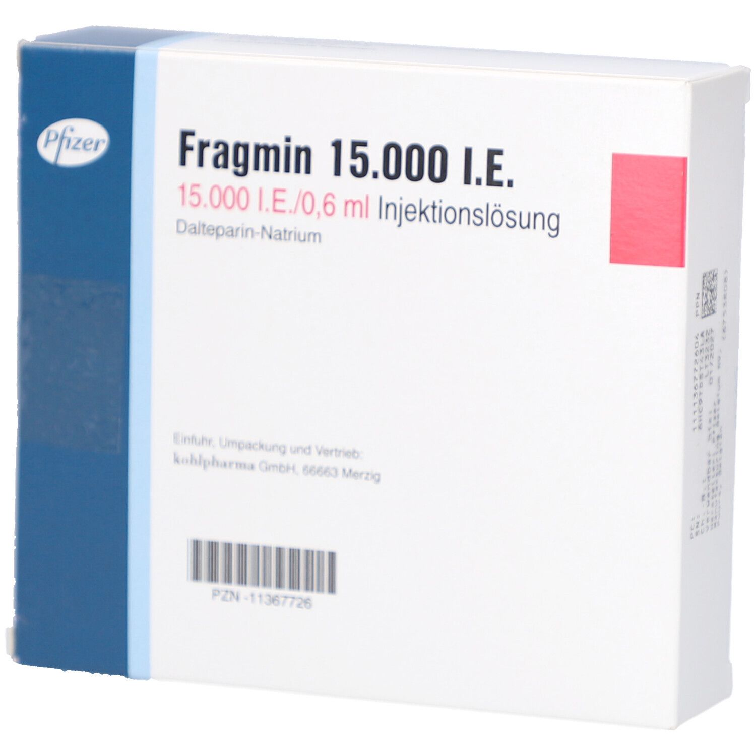 Schachtel mit Fragmin 15.000 I.E. Aufschrift. Enthält 10 Fertigspritzen mit 0,6 ml Injektionslösung. Pfizer Logo.