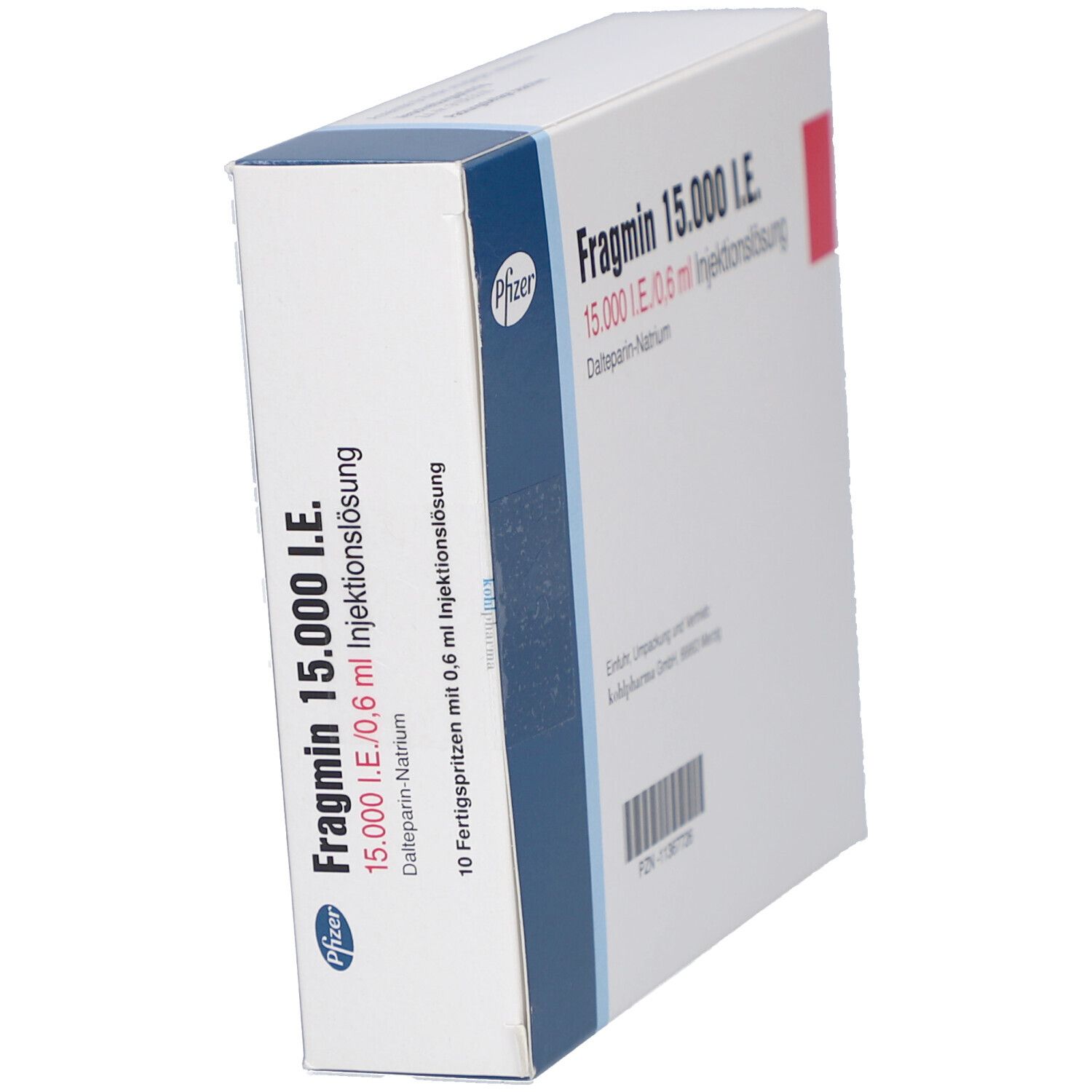 Schachtel mit Fragmin 15.000 I.E. Aufschrift. Enthält 10 Fertigspritzen mit 0,6 ml Injektionslösung. Pfizer Logo.