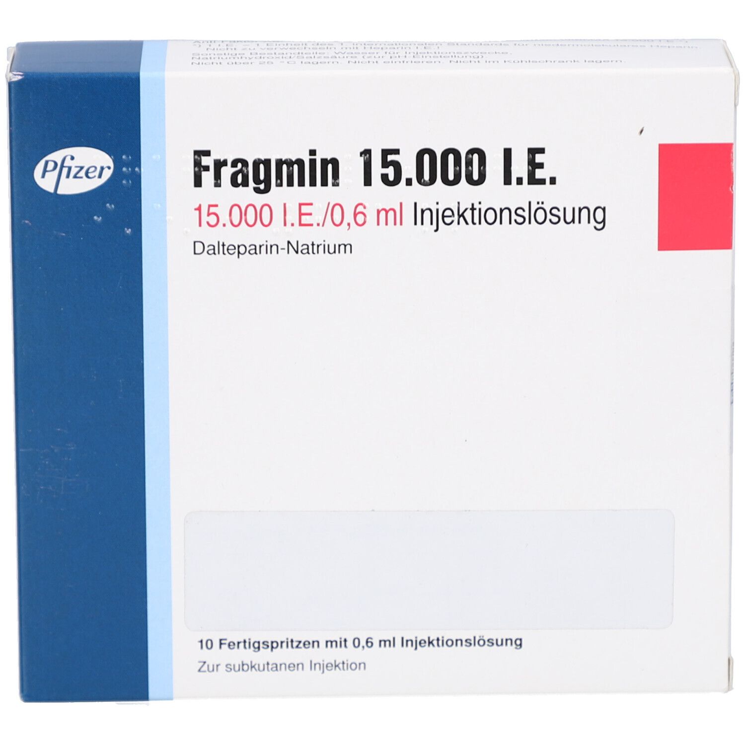 Schachtel mit Fragmin 15.000 I.E. Aufschrift. Enthält 10 Fertigspritzen mit 0,6 ml Injektionslösung. Pfizer Logo.