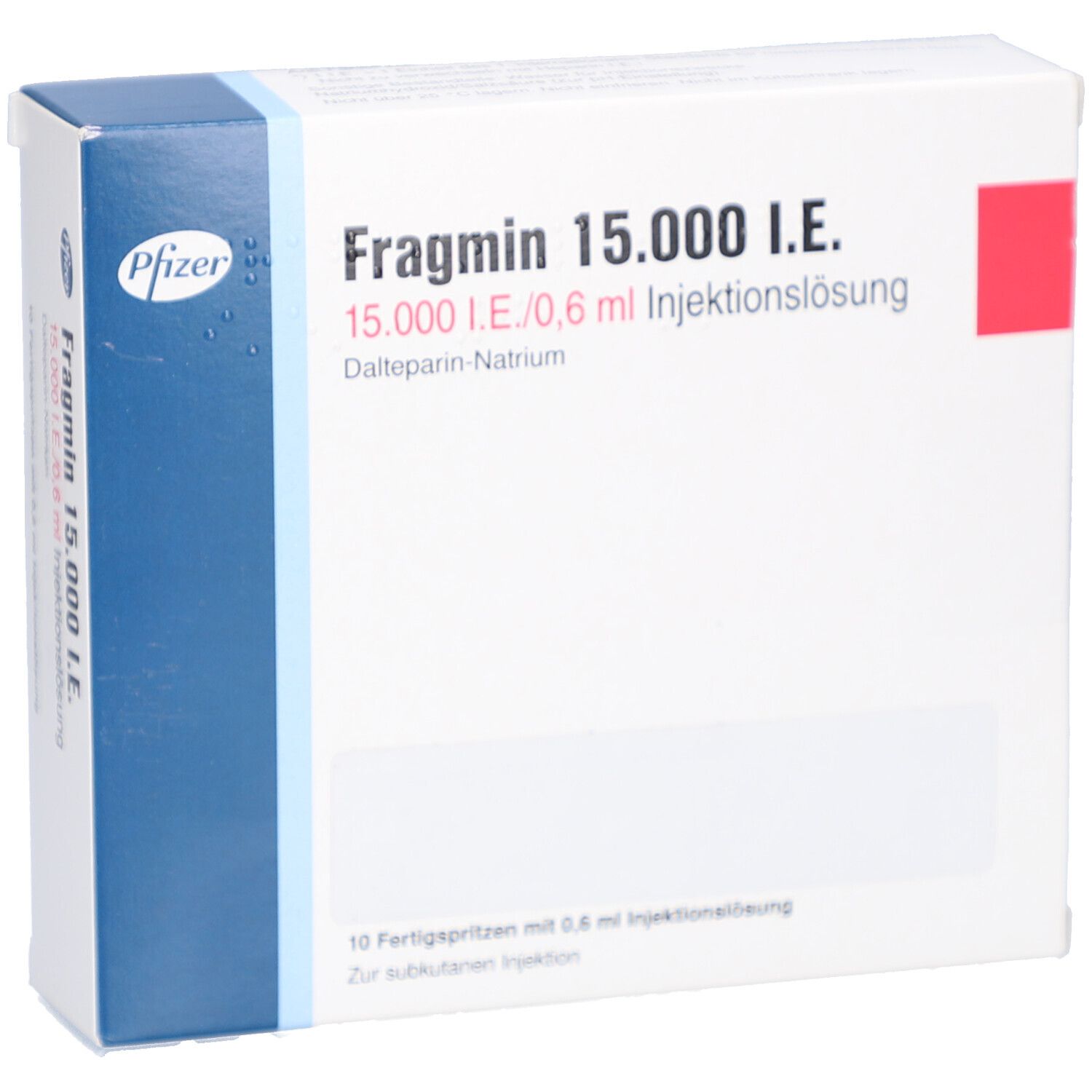 Schachtel mit Fragmin 15.000 I.E. Aufschrift. Enthält 10 Fertigspritzen mit 0,6 ml Injektionslösung. Pfizer Logo.