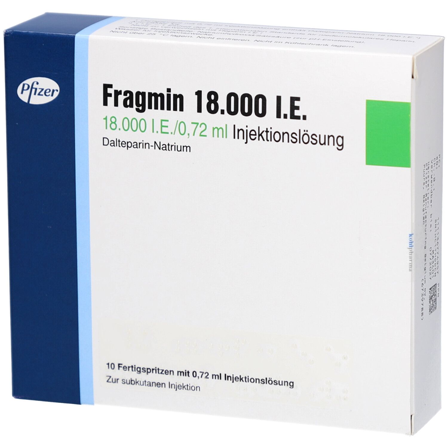 Schachtel mit Fragmin 18.000 I.E. Aufschrift: 18.000 I.E./0,72 ml Injektionslösung. Pfizer-Logo. 10 Fertigspritzen.
