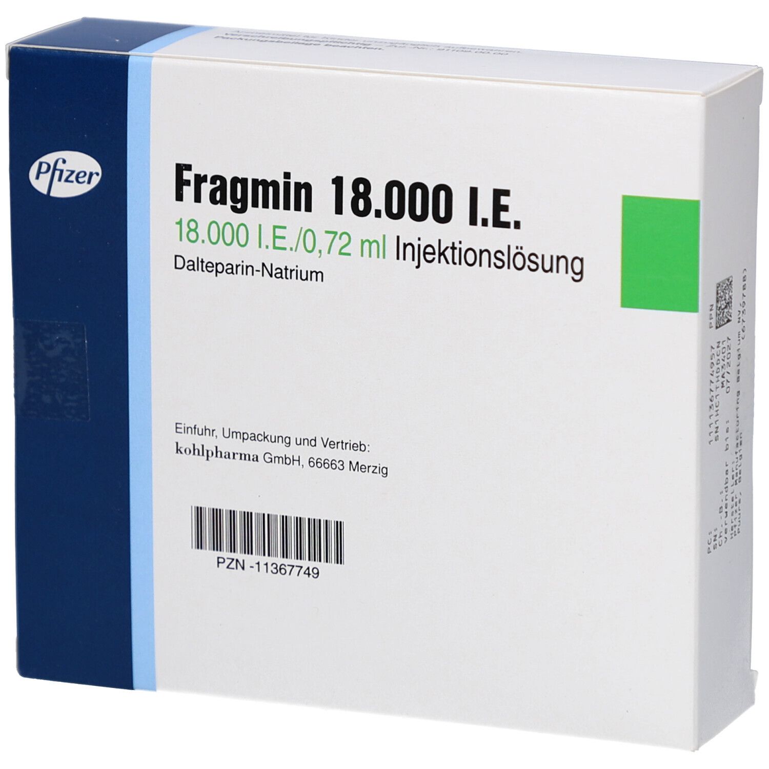 Schachtel mit Fragmin 18.000 I.E. Aufschrift: 18.000 I.E./0,72 ml Injektionslösung. Pfizer-Logo. 10 Fertigspritzen. Rückseite.