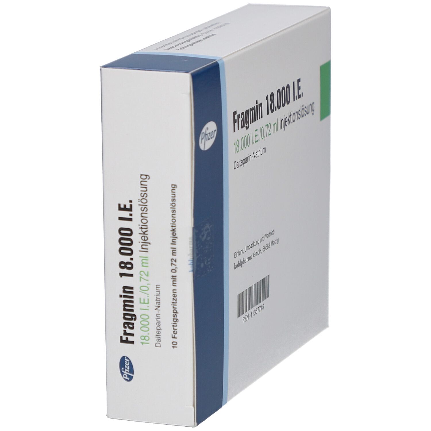 Schachtel mit Fragmin 18.000 I.E. Aufschrift: 18.000 I.E./0,72 ml Injektionslösung. Pfizer-Logo. 10 Fertigspritzen. Perspektivansicht.